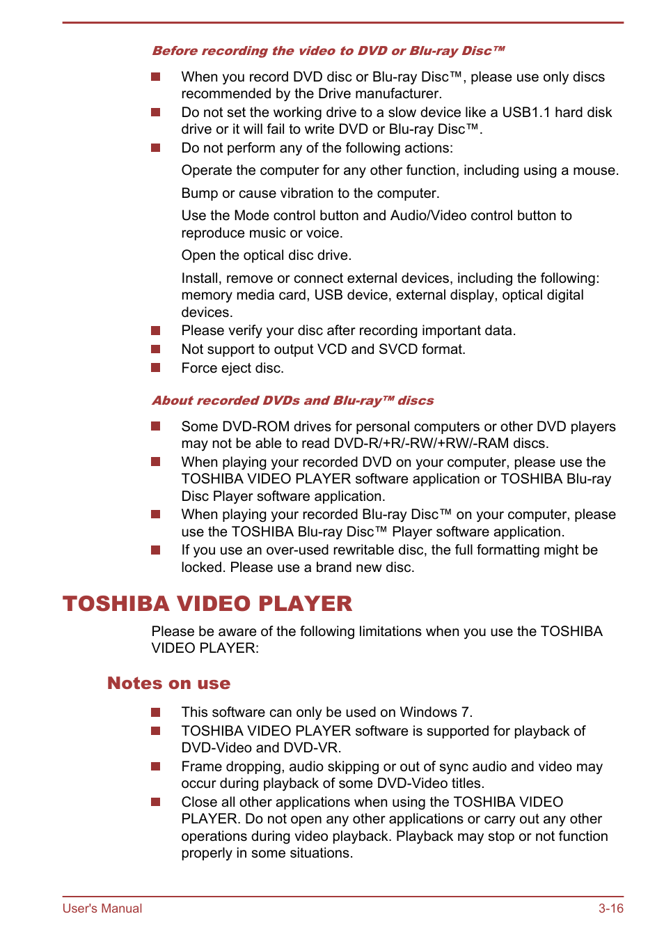 Toshiba video player, Notes on use, Toshiba video player -16 | Toshiba Qosmio DX730 User Manual | Page 61 / 142