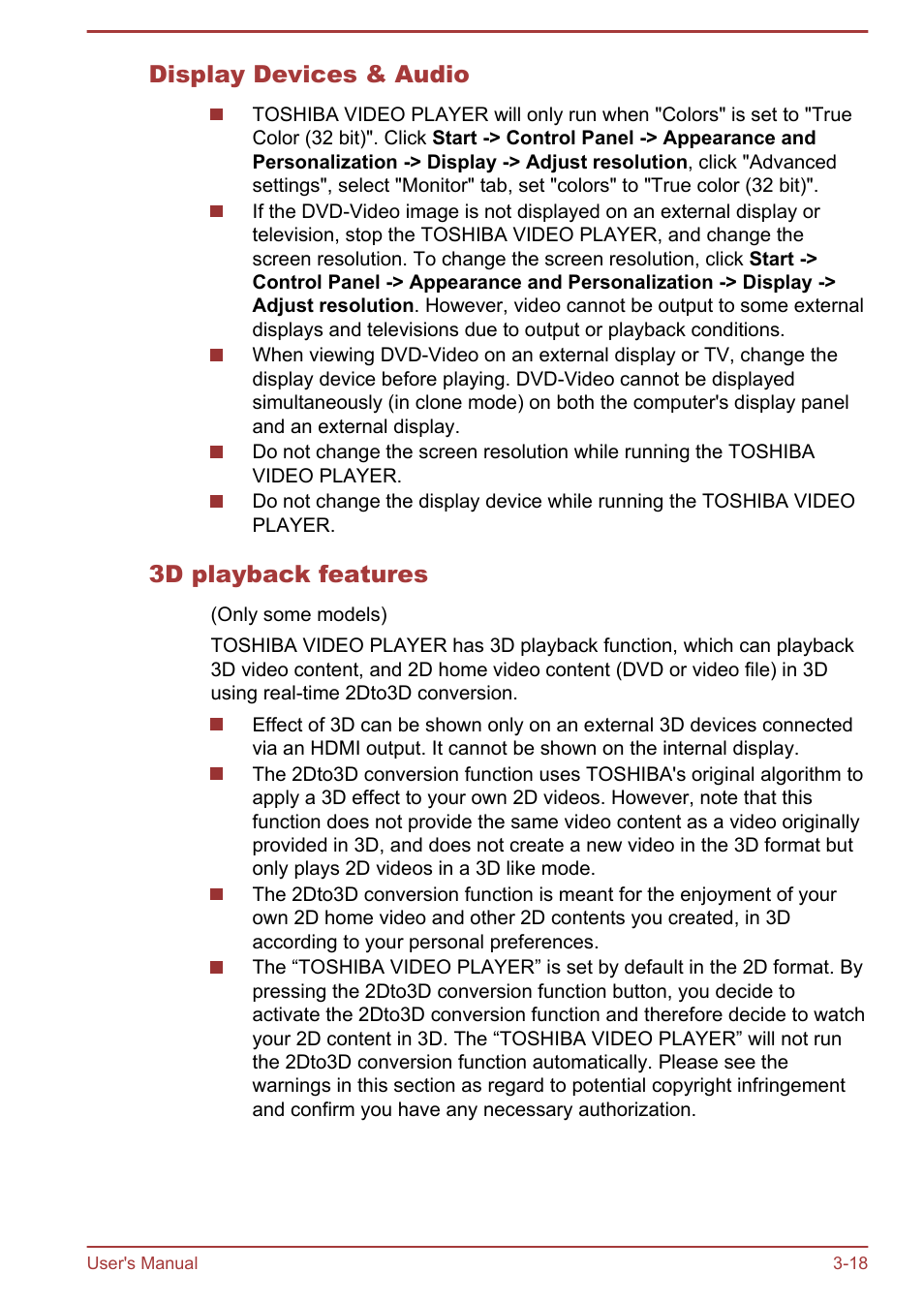 Display devices & audio, 3d playback features | Toshiba Qosmio DX730 User Manual | Page 63 / 142