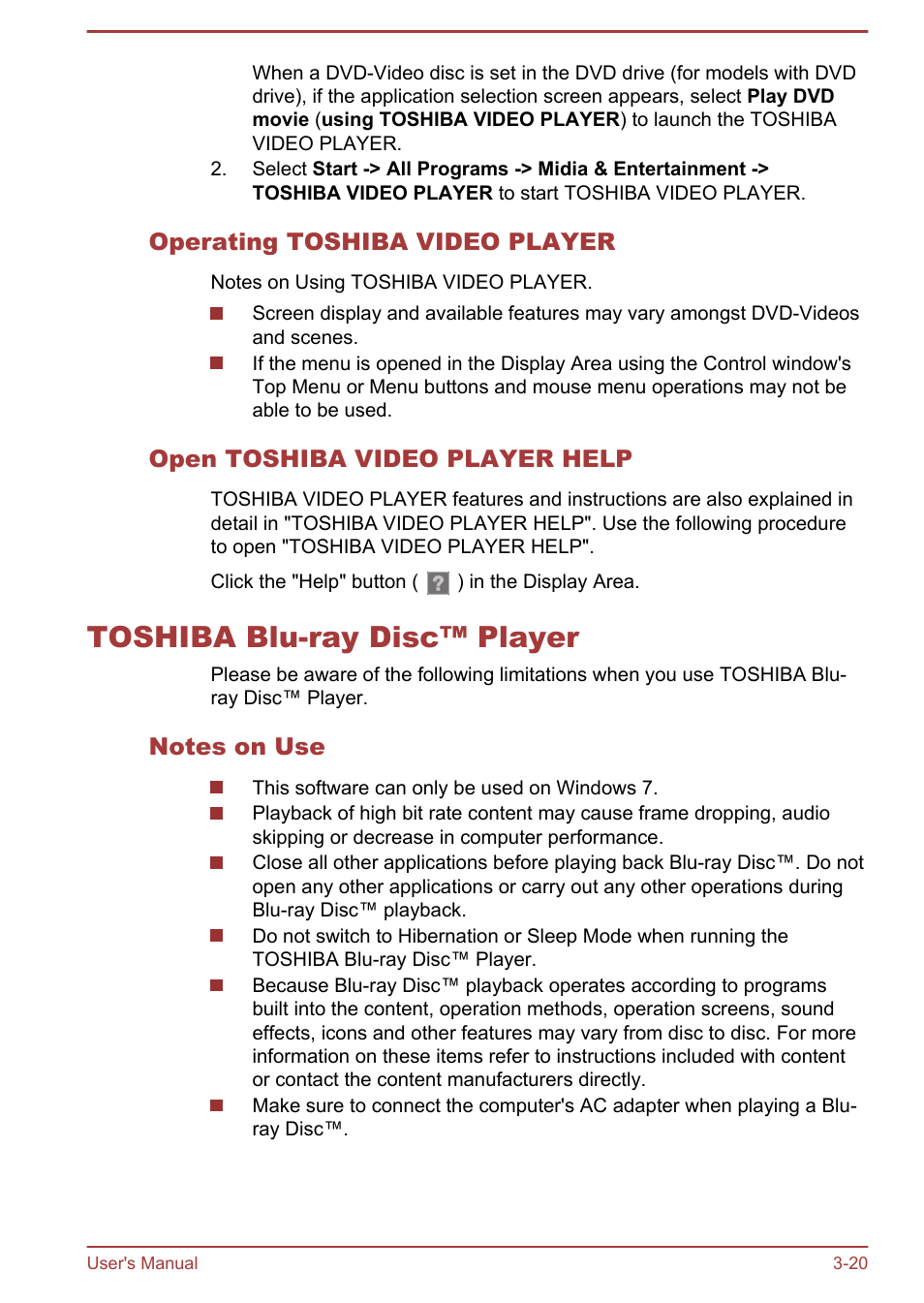 Operating toshiba video player, Open toshiba video player help, Toshiba blu-ray disc™ player | Notes on use, Toshiba blu-ray disc™ player -20 | Toshiba Qosmio DX730 User Manual | Page 65 / 142