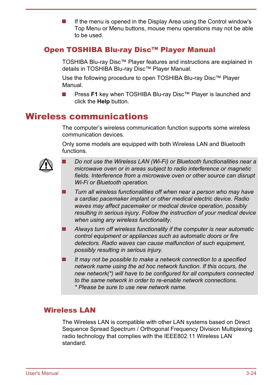 Open toshiba blu-ray disc™ player manual, Wireless communications, Wireless lan | Wireless communications -24 | Toshiba Qosmio DX730 User Manual | Page 69 / 142