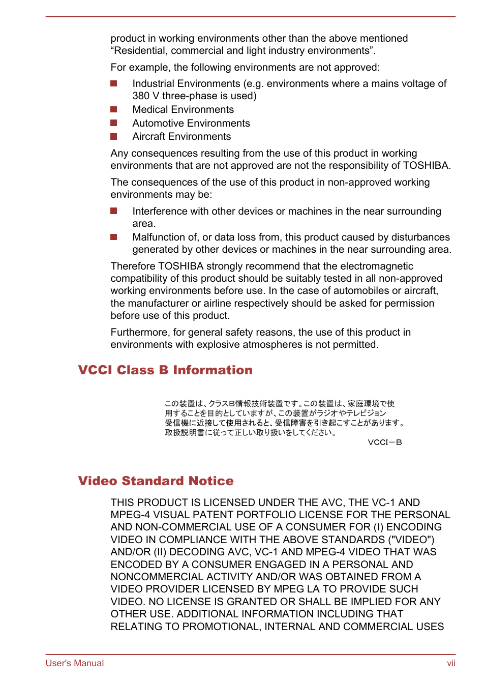 Vcci class b information, Video standard notice | Toshiba Qosmio DX730 User Manual | Page 7 / 142