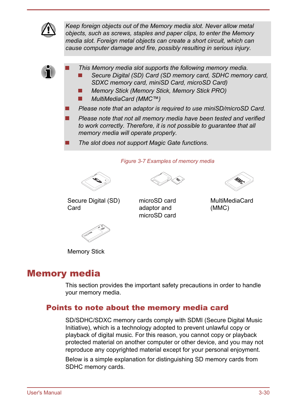 Memory media, Points to note about the memory media card, Memory media -30 | Toshiba Qosmio DX730 User Manual | Page 75 / 142