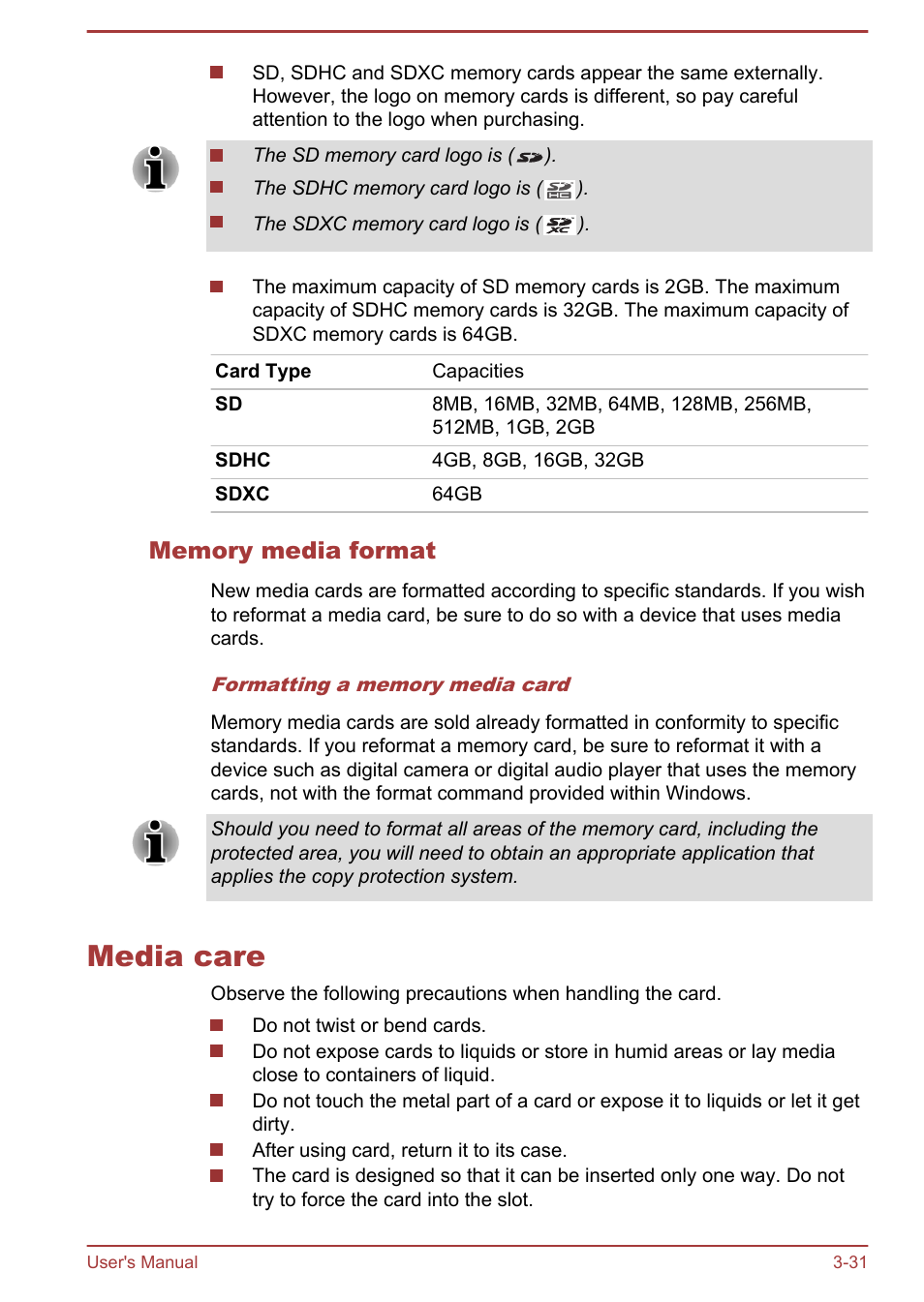 Memory media format, Media care, Media care -31 | Toshiba Qosmio DX730 User Manual | Page 76 / 142