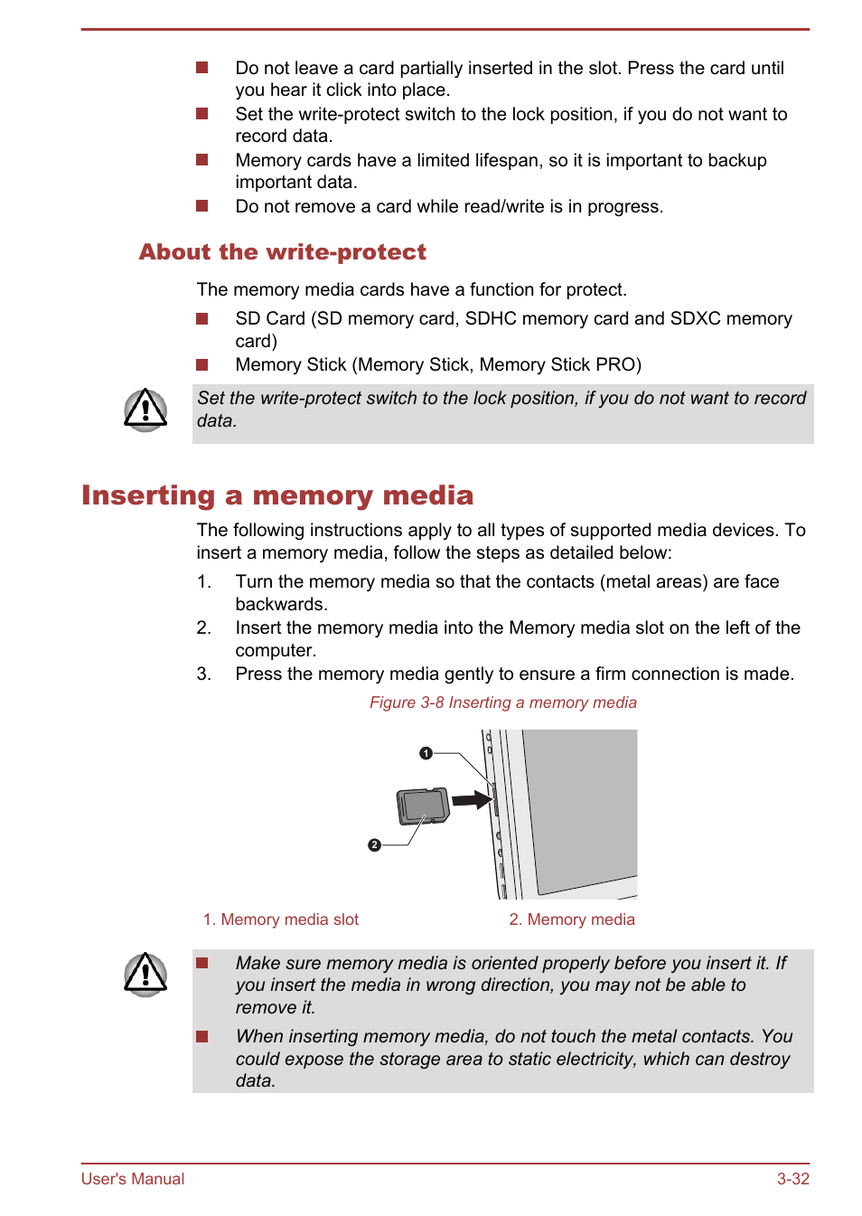 About the write-protect, Inserting a memory media, Inserting a memory media -32 | Toshiba Qosmio DX730 User Manual | Page 77 / 142