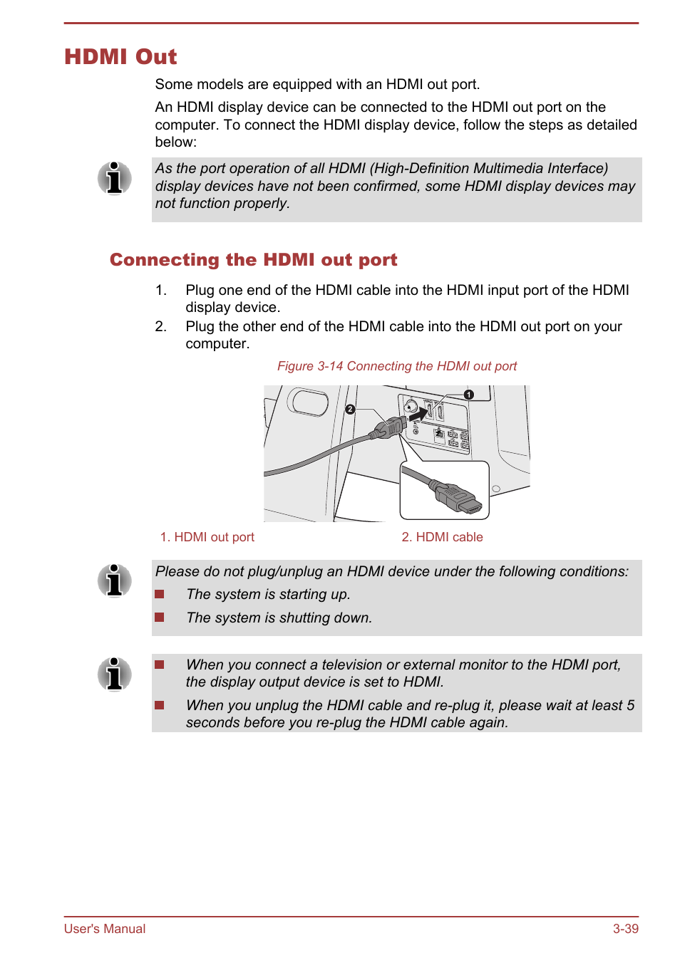 Hdmi out, Connecting the hdmi out port, Hdmi out -39 | Toshiba Qosmio DX730 User Manual | Page 84 / 142