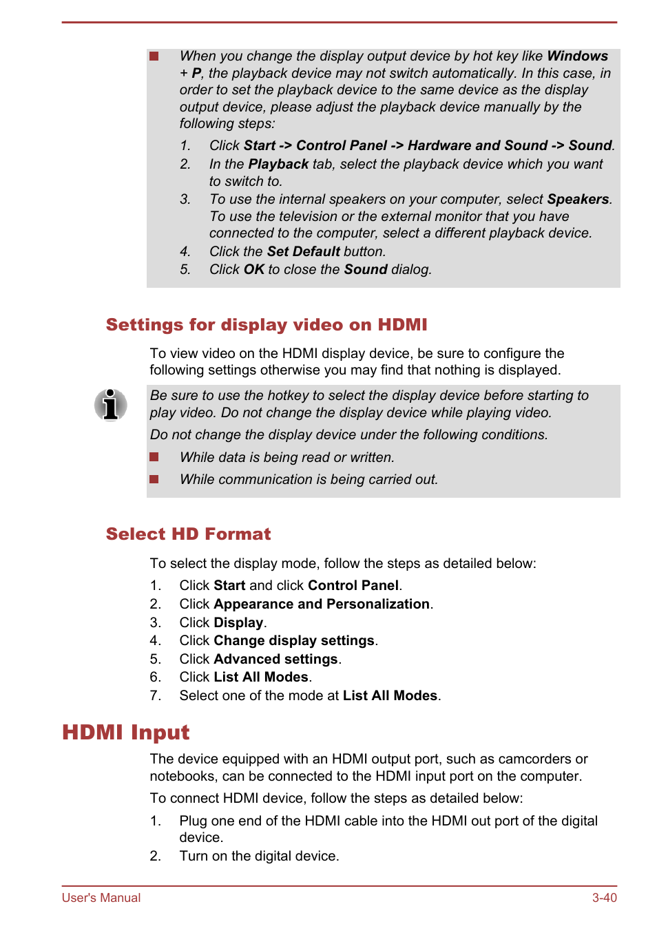 Settings for display video on hdmi, Select hd format, Hdmi input | Hdmi input -40 | Toshiba Qosmio DX730 User Manual | Page 85 / 142