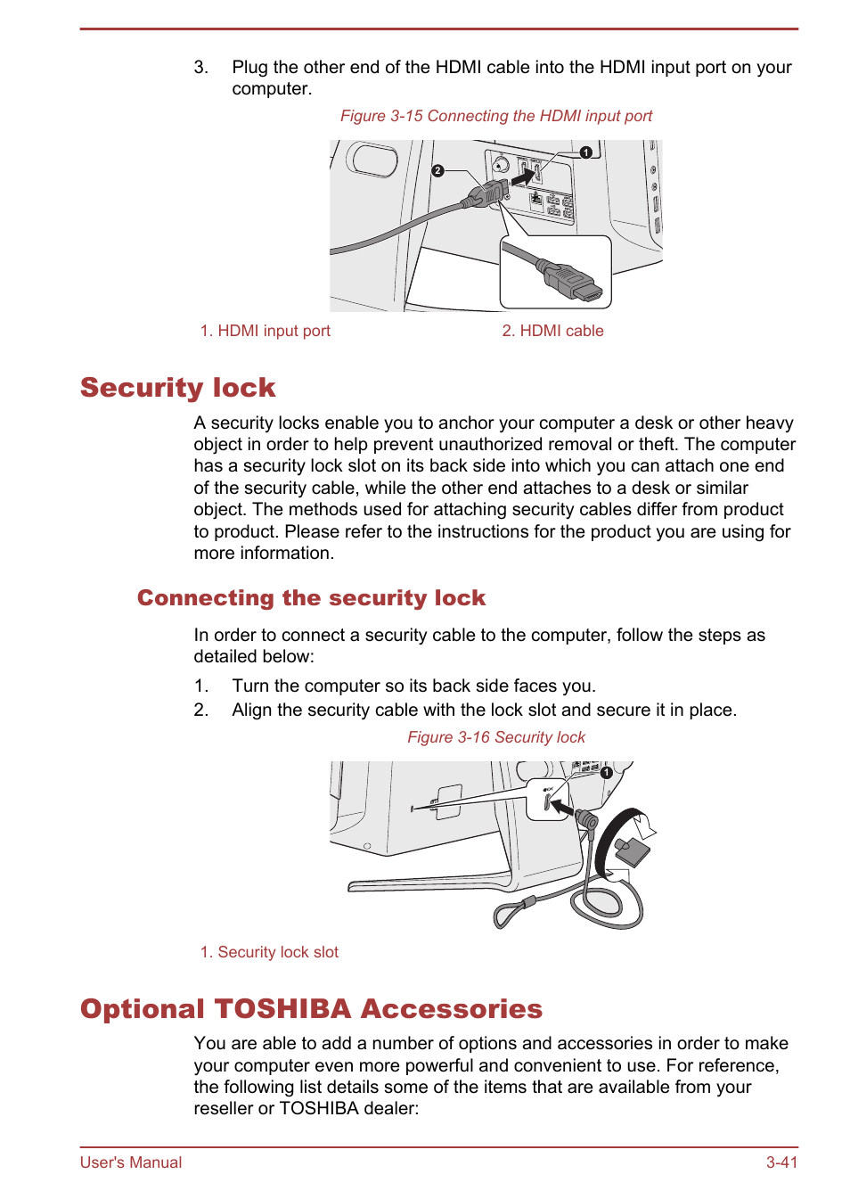 Security lock, Connecting the security lock, Optional toshiba accessories | Security lock -41 optional toshiba accessories -41 | Toshiba Qosmio DX730 User Manual | Page 86 / 142