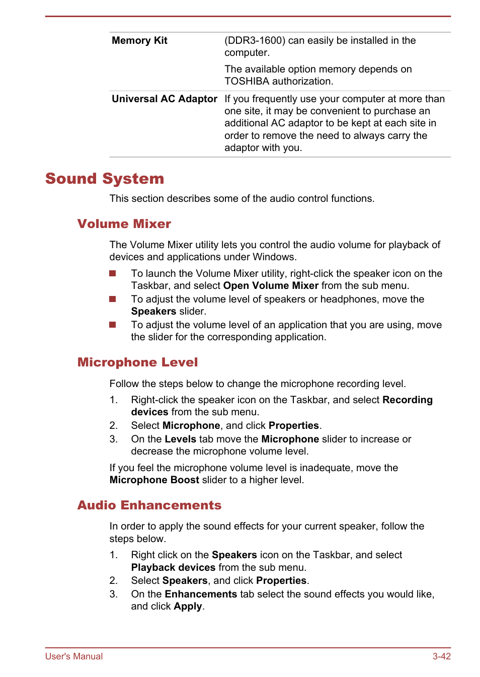 Sound system, Volume mixer, Microphone level | Audio enhancements, Sound system -42 | Toshiba Qosmio DX730 User Manual | Page 87 / 142