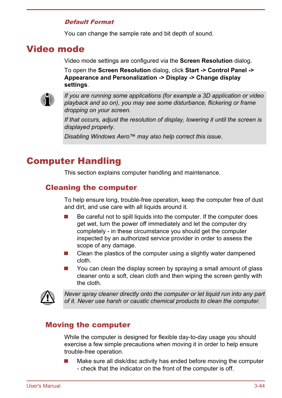 Video mode, Computer handling, Cleaning the computer | Moving the computer, Video mode -44 computer handling -44 | Toshiba Qosmio DX730 User Manual | Page 89 / 142