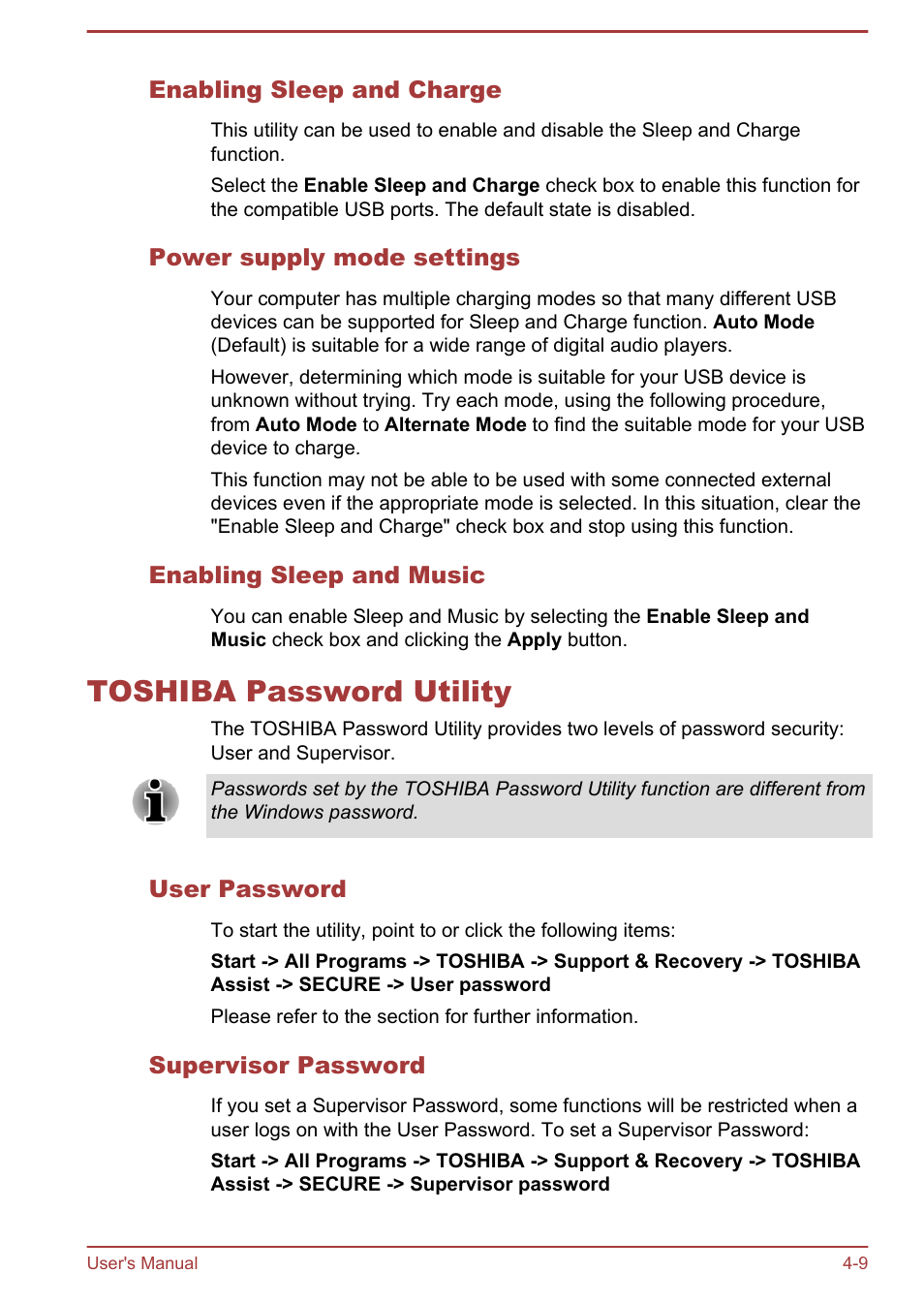 Enabling sleep and charge, Power supply mode settings, Enabling sleep and music | Toshiba password utility, User password, Supervisor password, Toshiba password utility -9 | Toshiba Qosmio DX730 User Manual | Page 99 / 142