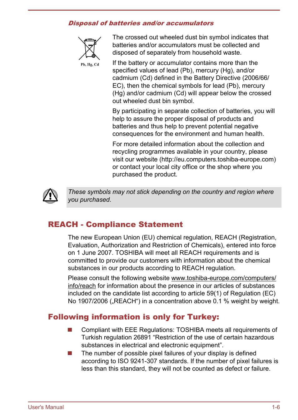 Reach - compliance statement, Following information is only for turkey | Toshiba Satellite P870 User Manual | Page 10 / 161