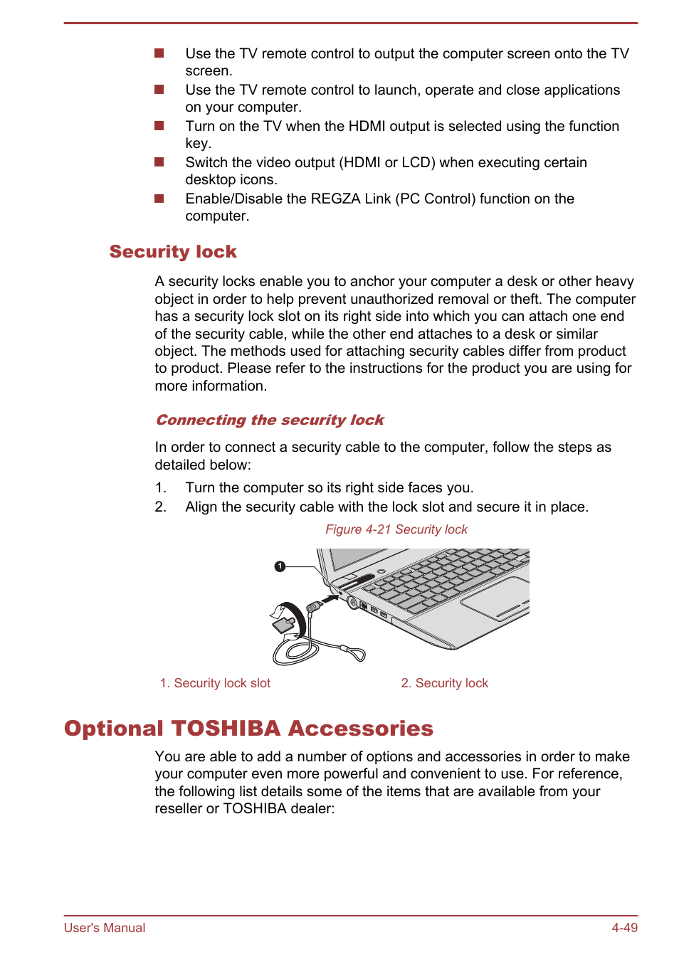 Security lock, Optional toshiba accessories, Optional toshiba accessories -49 | Toshiba Satellite P870 User Manual | Page 113 / 161