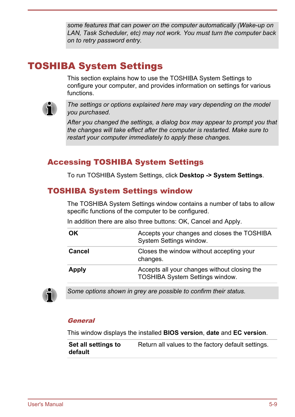 Toshiba system settings, Accessing toshiba system settings, Toshiba system settings window | Toshiba system settings -9, Toshiba, System settings, Section | Toshiba Satellite P870 User Manual | Page 126 / 161