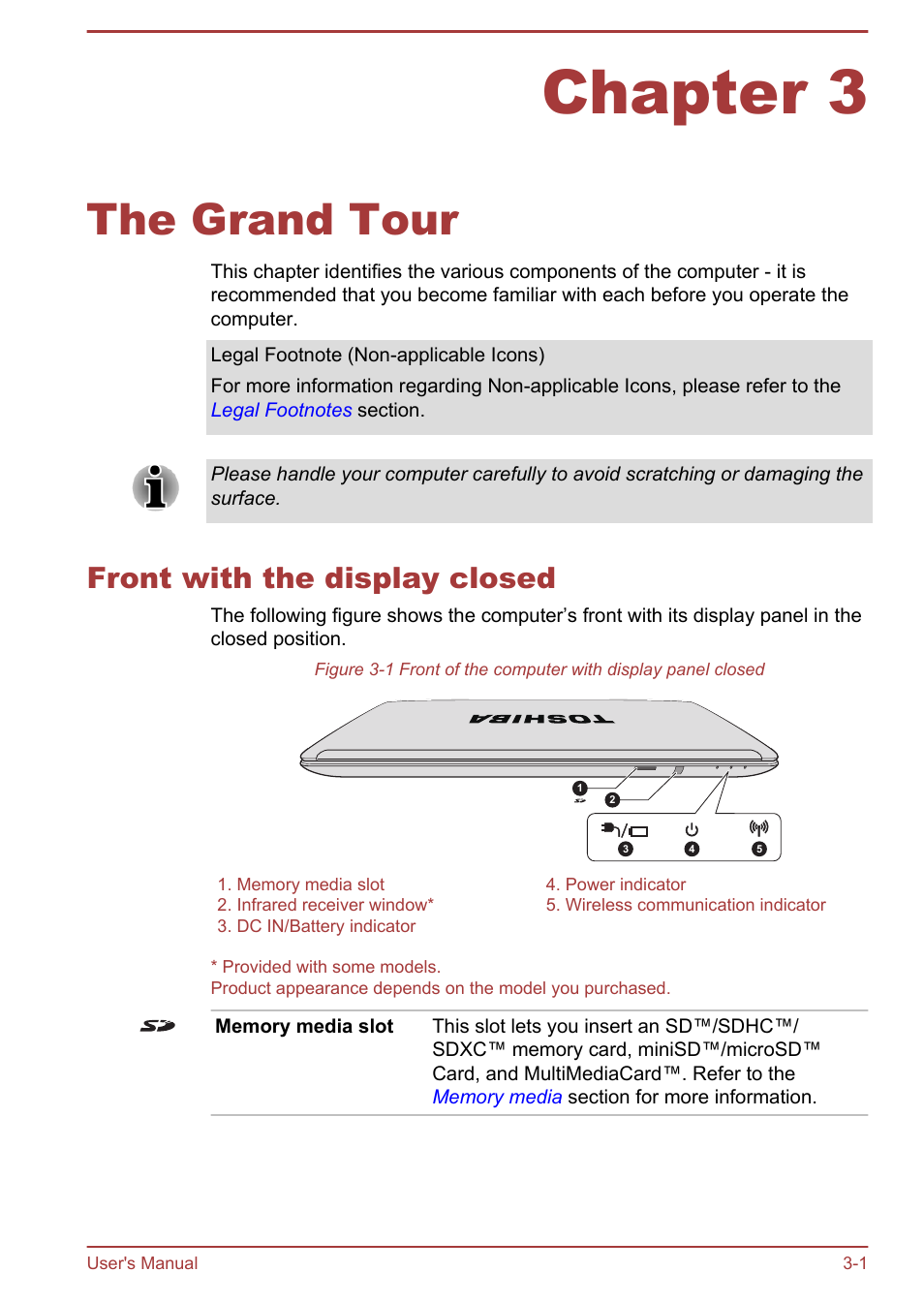 Chapter 3 the grand tour, Front with the display closed, Chapter 3 | The grand tour, Front with the display closed -1 | Toshiba Satellite P870 User Manual | Page 41 / 161