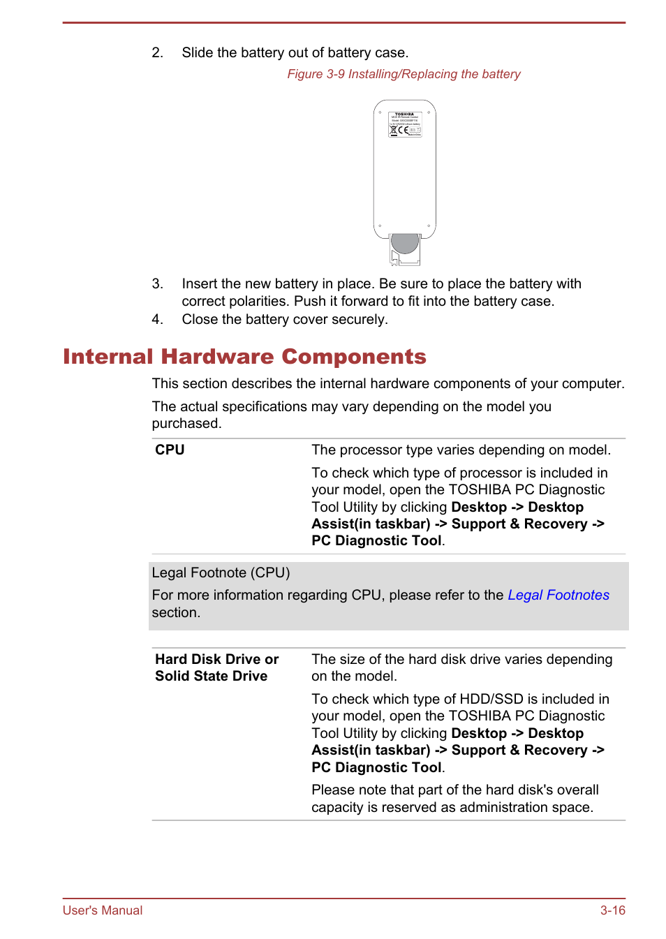 Internal hardware components, Internal hardware components -16, Slide the battery out of battery case | Toshiba Satellite P870 User Manual | Page 56 / 161