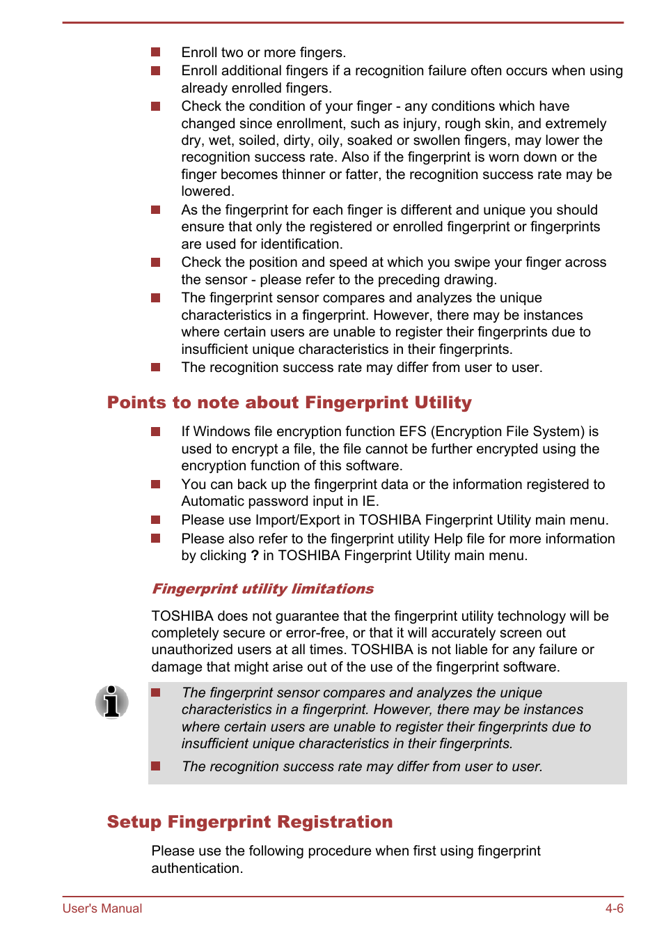 Points to note about fingerprint utility, Setup fingerprint registration | Toshiba Satellite P870 User Manual | Page 70 / 161