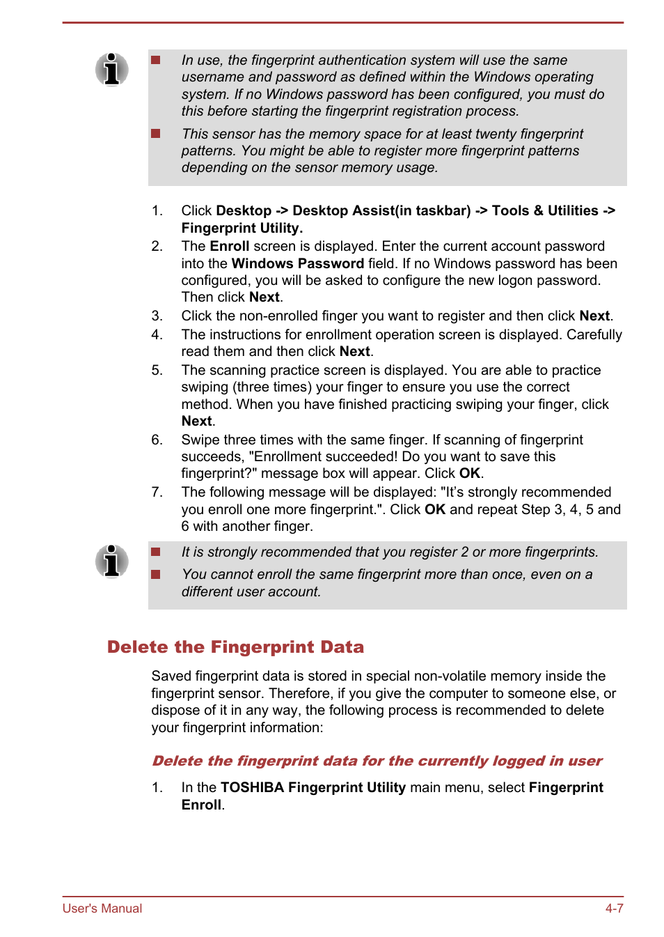 Delete the fingerprint data | Toshiba Satellite P870 User Manual | Page 71 / 161