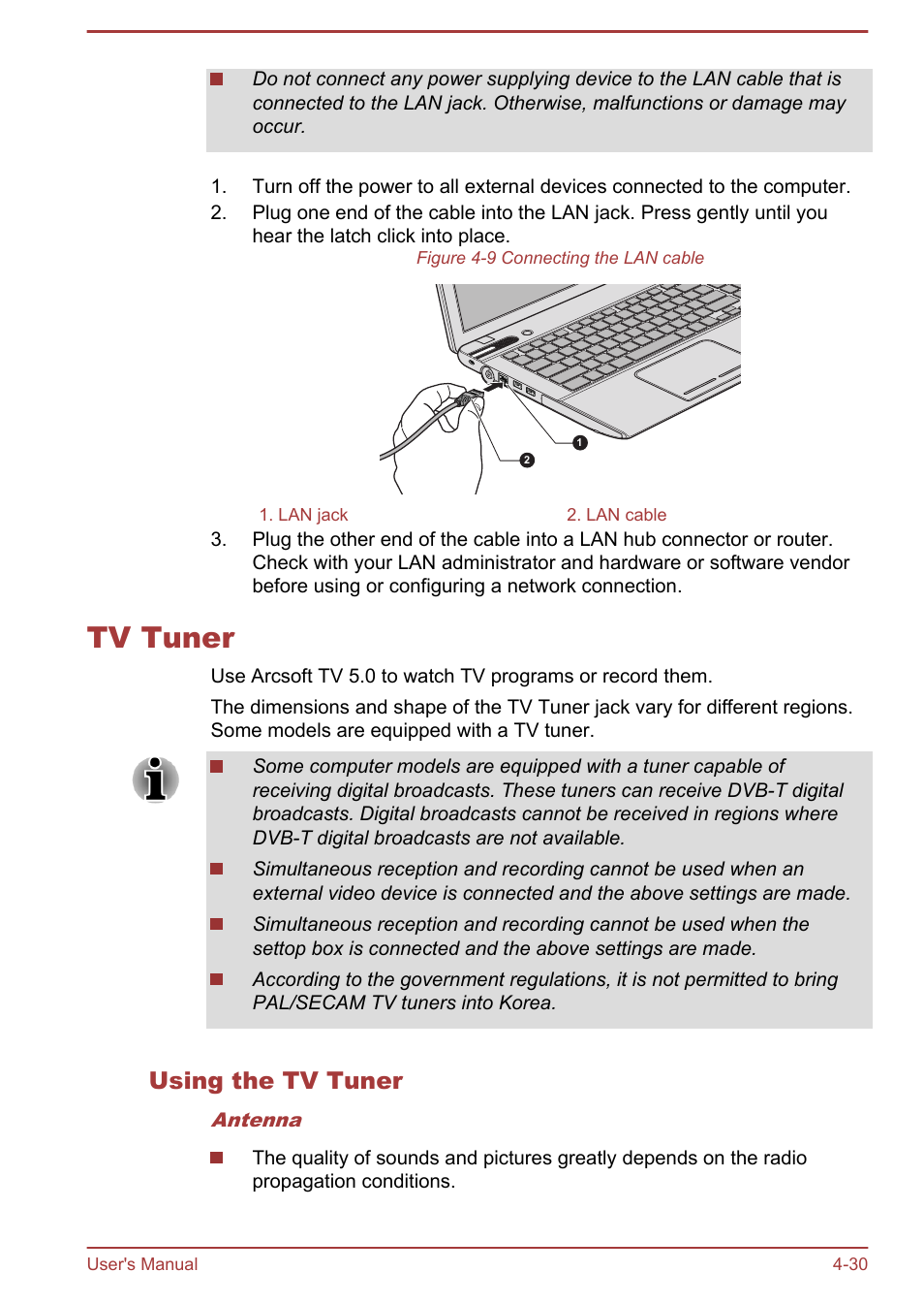 Tv tuner, Using the tv tuner, Tv tuner -30 | Toshiba Satellite P870 User Manual | Page 94 / 161