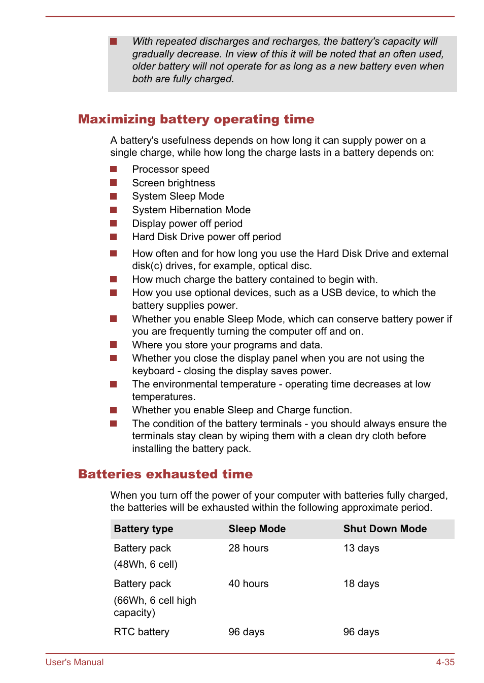 Maximizing battery operating time, Batteries exhausted time | Toshiba Satellite P870 User Manual | Page 99 / 161