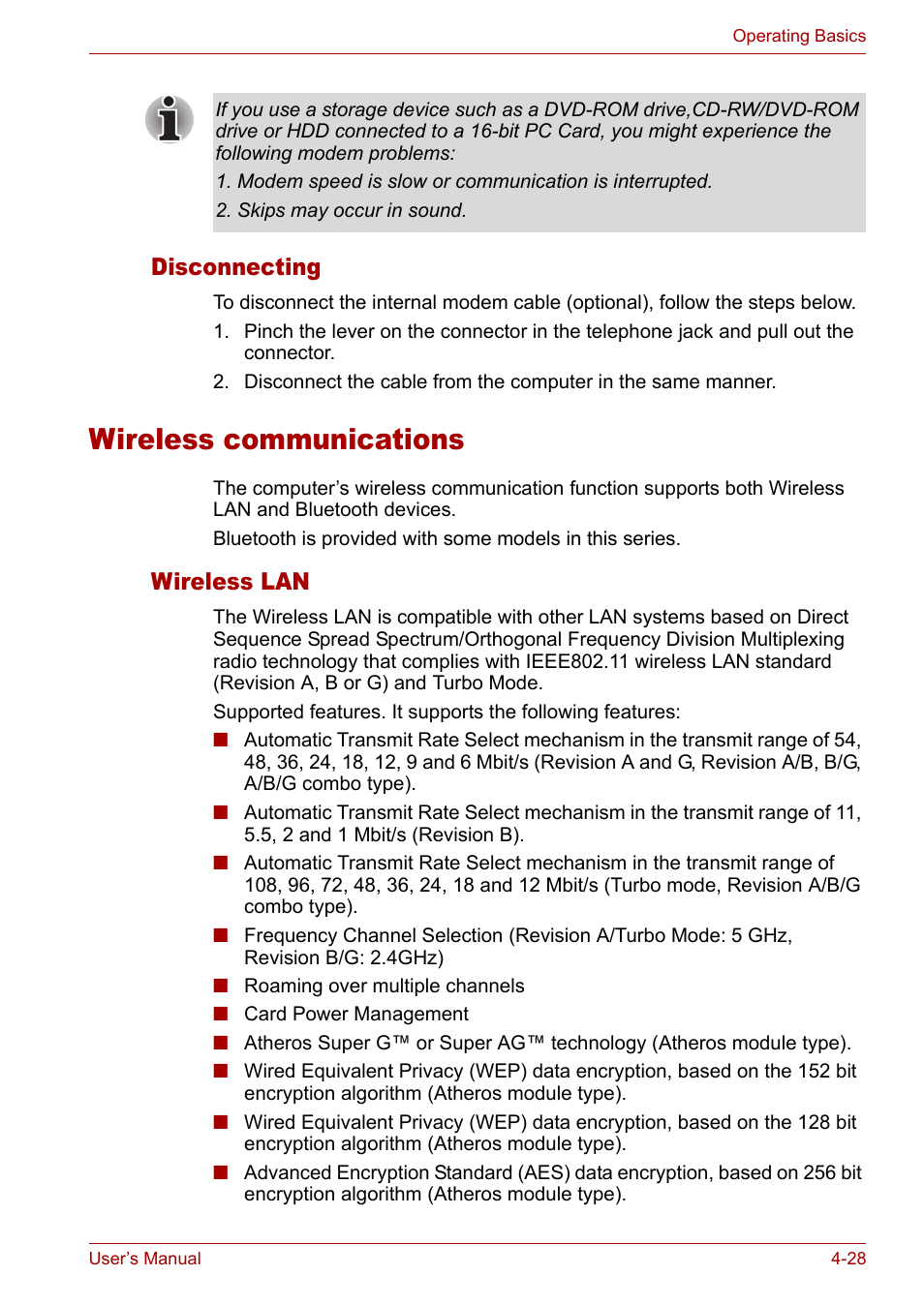 Wireless communications, Wireless lan, Disconnecting | Disconnecting -28, Wireless communications -28, Wireless lan -28 | Toshiba Satellite M40 (PSM40) User Manual | Page 101 / 201