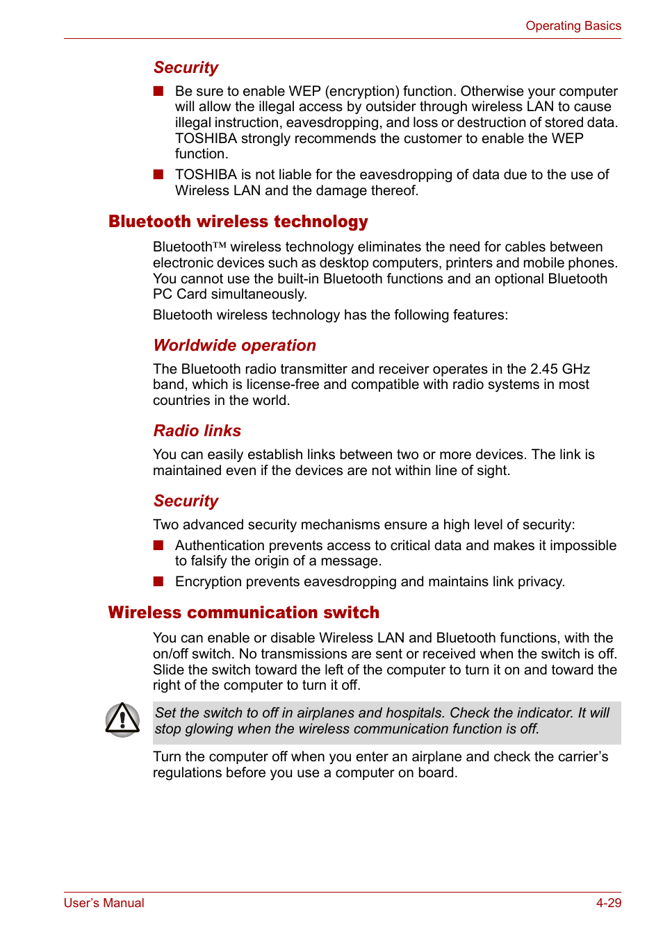 Bluetooth wireless technology, Wireless communication switch | Toshiba Satellite M40 (PSM40) User Manual | Page 102 / 201