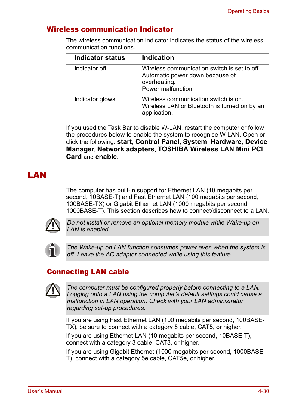 Connecting lan cable, Wireless communication indicator, Wireless communication indicator -30 | Lan -30, Connecting lan cable -30 | Toshiba Satellite M40 (PSM40) User Manual | Page 103 / 201