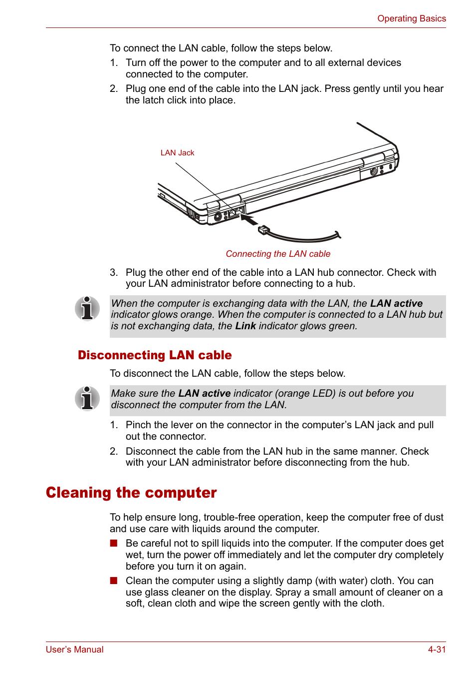 Cleaning the computer, Disconnecting lan cable, Disconnecting lan cable -31 | Cleaning the computer -31 | Toshiba Satellite M40 (PSM40) User Manual | Page 104 / 201