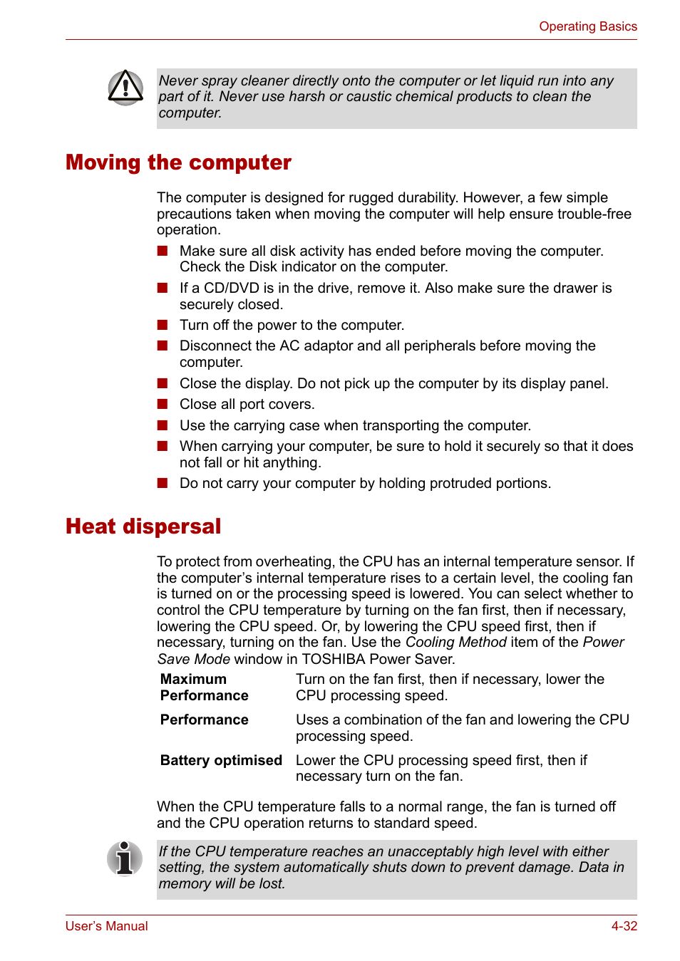 Heat dispersal, Moving the computer, Moving the computer -32 heat dispersal -32 | Toshiba Satellite M40 (PSM40) User Manual | Page 105 / 201