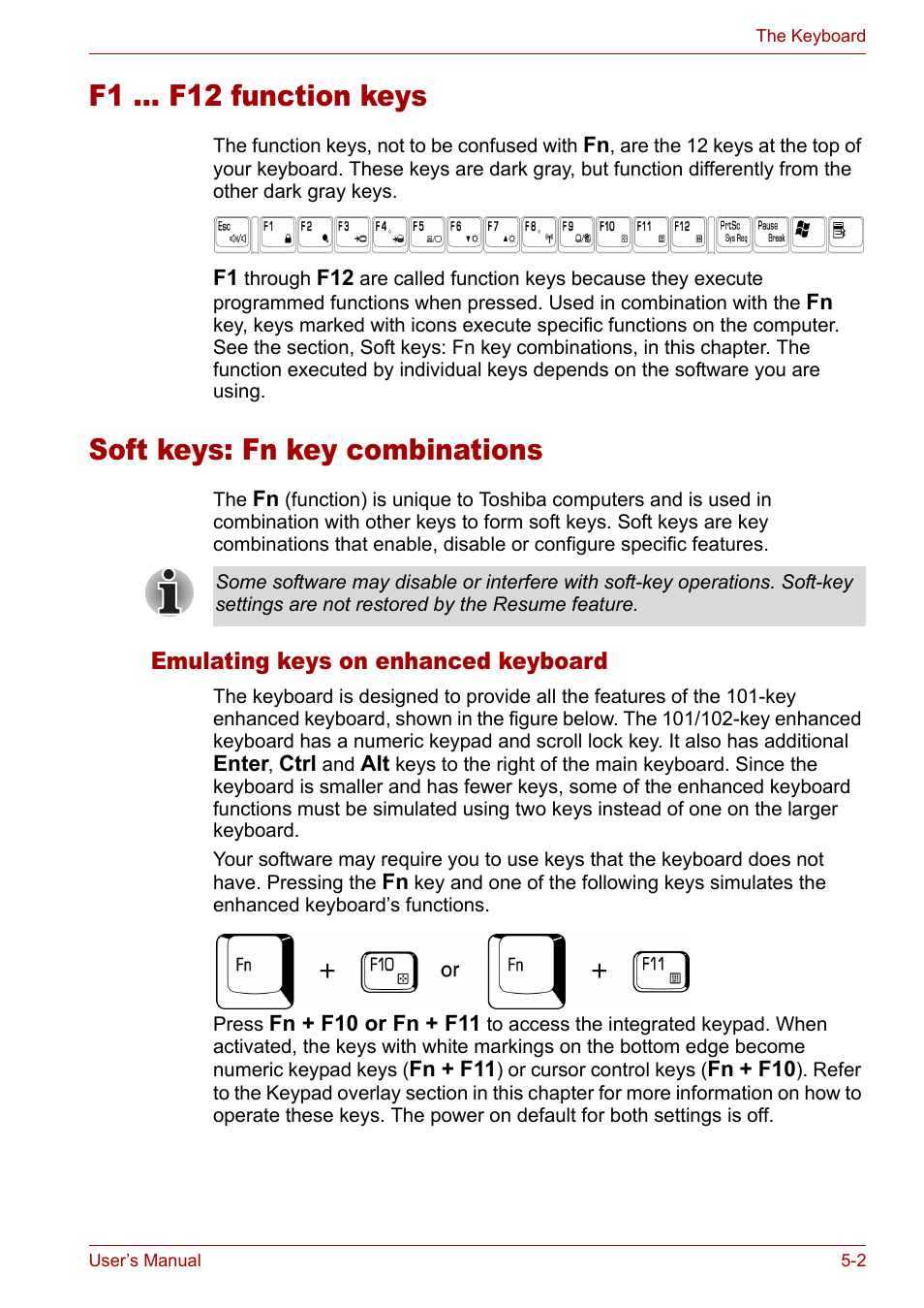 Soft keys: fn key combinations, Emulating keys on enhanced keyboard, F1 ... f12 function keys | Emulating keys on enhanced keyboard -2 | Toshiba Satellite M40 (PSM40) User Manual | Page 107 / 201