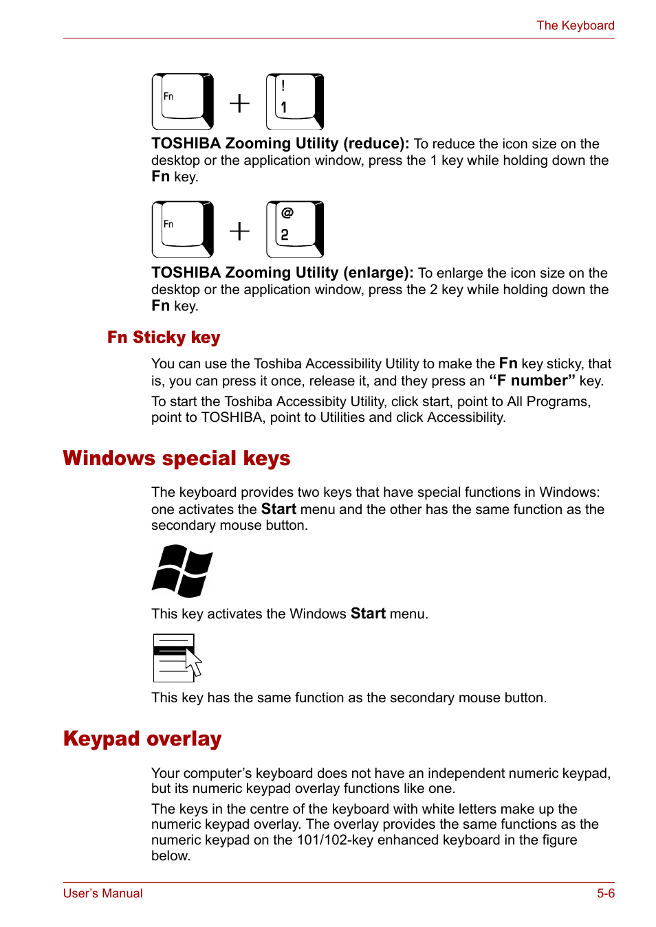 Keypad overlay, Windows special keys, Fn sticky key | Fn sticky key -6, Windows special keys -6 keypad overlay -6, Keypad, Overlay | Toshiba Satellite M40 (PSM40) User Manual | Page 111 / 201