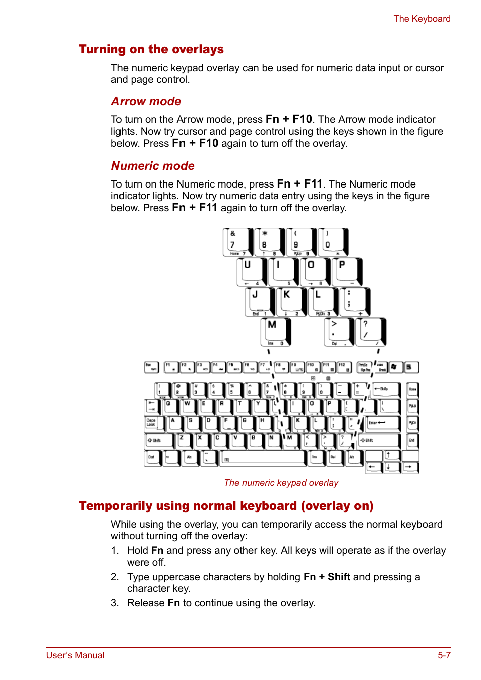 Turning on the overlays, Temporarily using normal keyboard (overlay on) | Toshiba Satellite M40 (PSM40) User Manual | Page 112 / 201