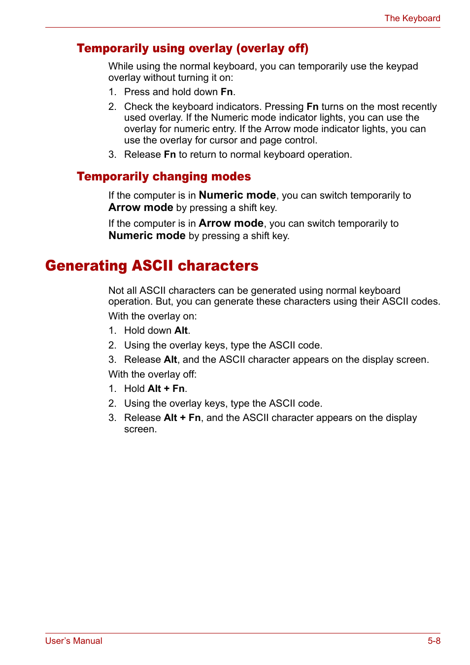 Generating ascii characters, Temporarily using overlay (overlay off), Temporarily changing modes | Generating ascii characters -8 | Toshiba Satellite M40 (PSM40) User Manual | Page 113 / 201