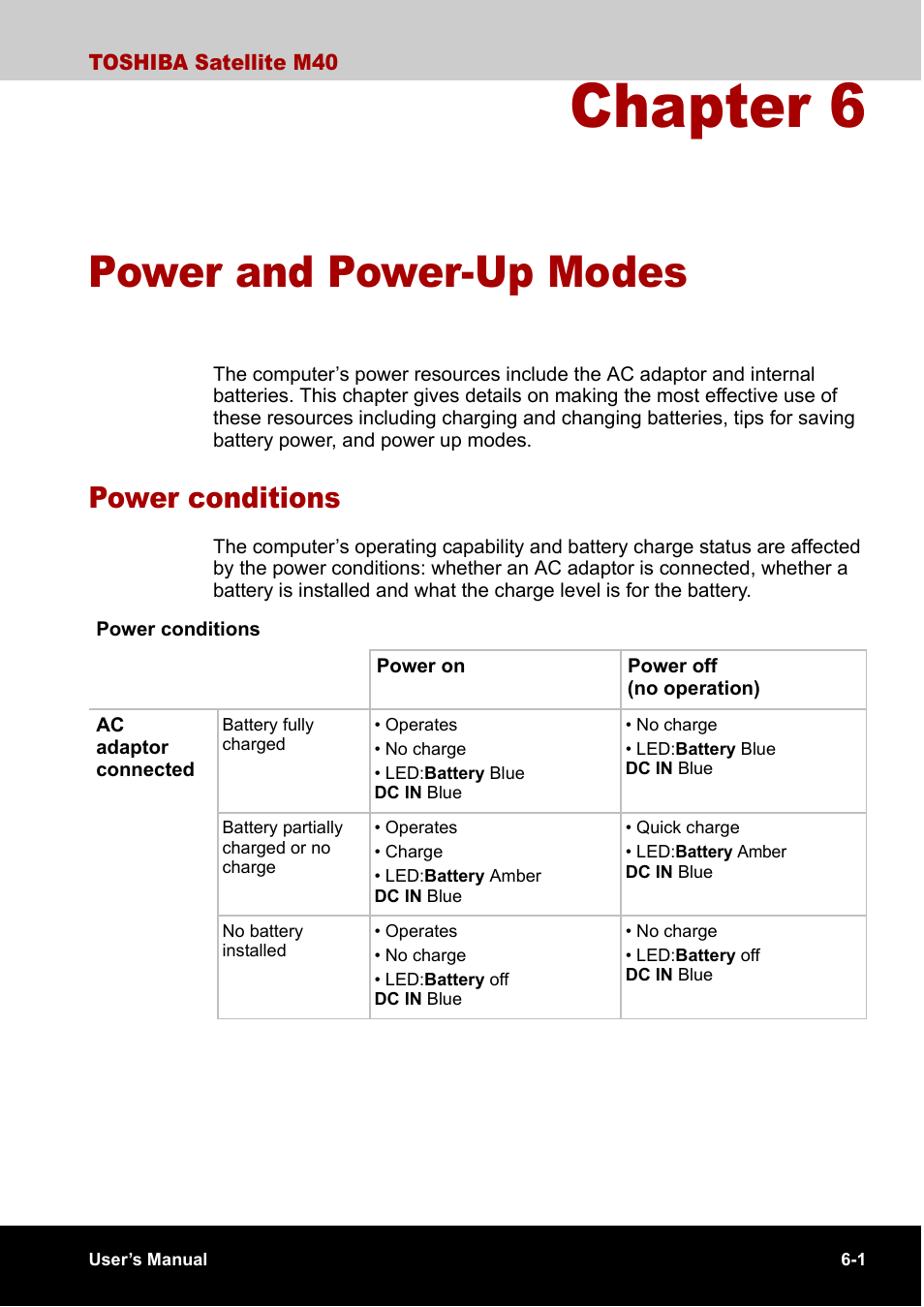 Chapter 6 power and power-up modes, Power conditions, Chapter 6 | Power and power-up modes, Power conditions -1 | Toshiba Satellite M40 (PSM40) User Manual | Page 114 / 201