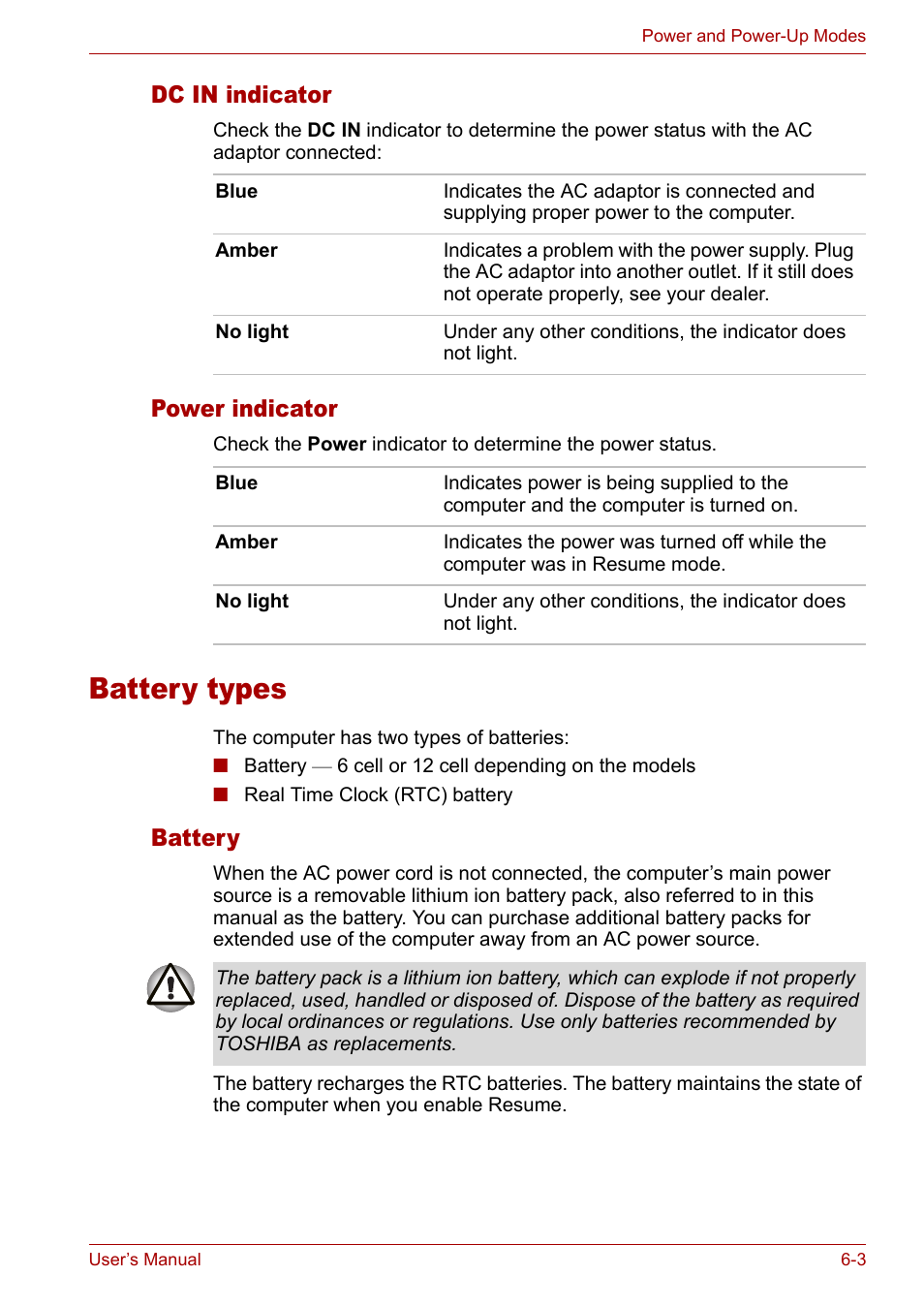 Battery types, Battery, Dc in indicator | Power indicator, Dc in indicator -3 power indicator -3, Battery types -3, Battery -3 | Toshiba Satellite M40 (PSM40) User Manual | Page 116 / 201