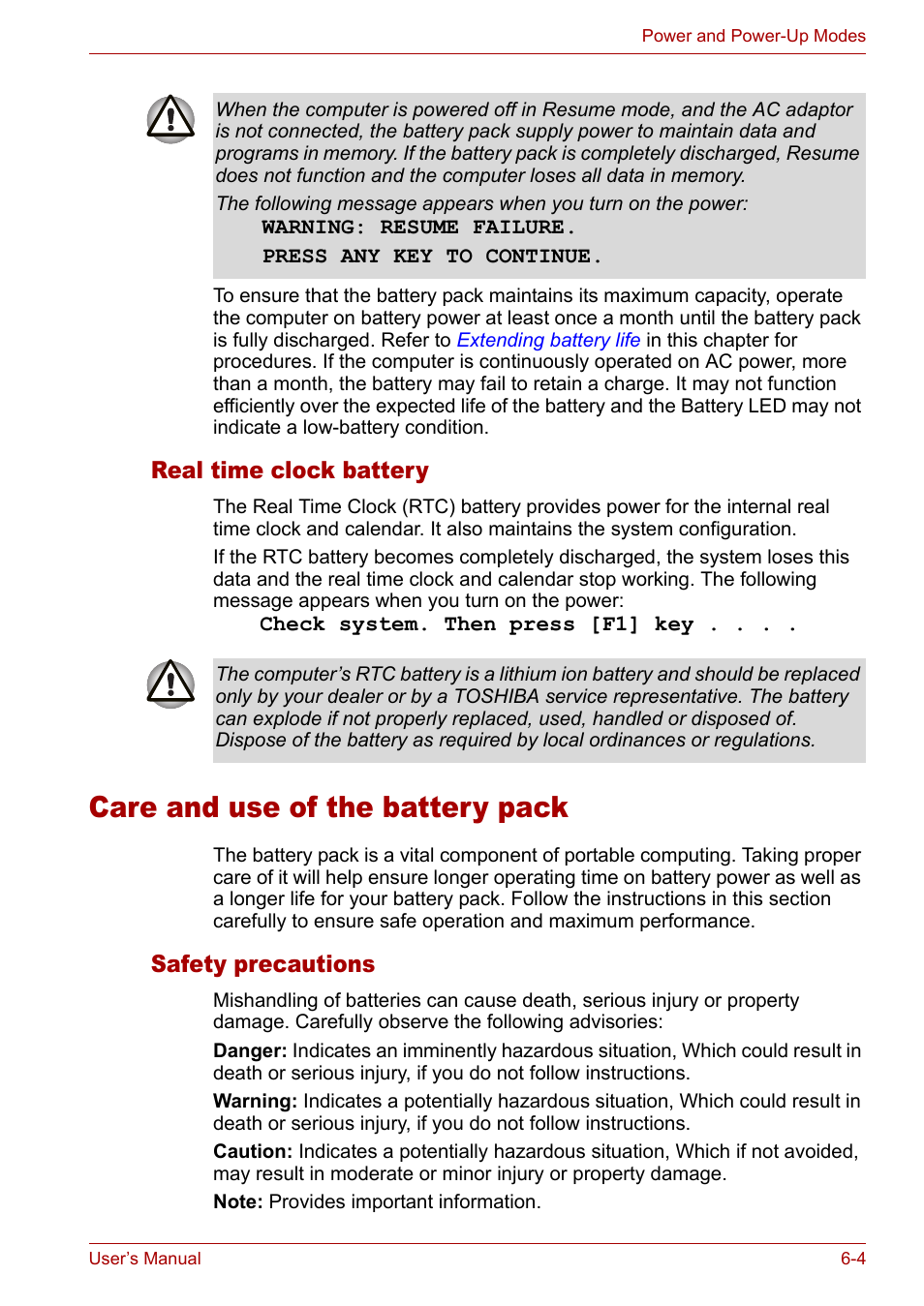 Care and use of the battery pack, Safety precautions, Real time clock battery | Real time clock battery -4, Care and use of the battery pack -4, Safety precautions -4 | Toshiba Satellite M40 (PSM40) User Manual | Page 117 / 201