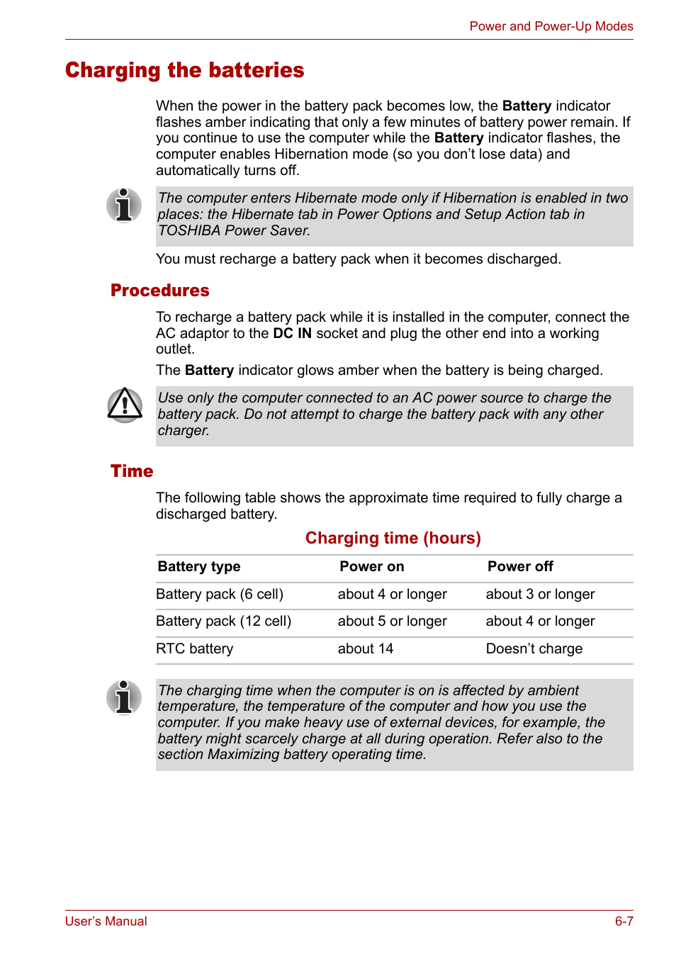Charging the batteries, Procedures, Time | Charging the batteries -7, Procedures -7 time -7 | Toshiba Satellite M40 (PSM40) User Manual | Page 120 / 201