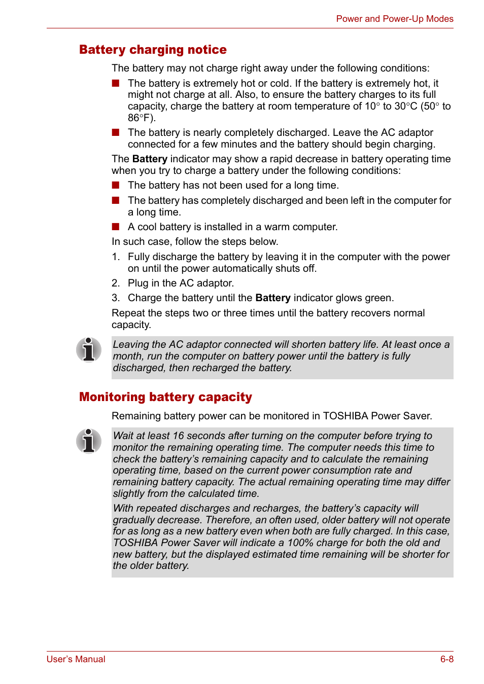 Battery charging notice, Monitoring battery capacity | Toshiba Satellite M40 (PSM40) User Manual | Page 121 / 201