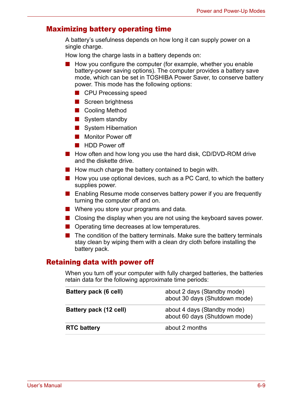 Maximizing battery operating time, Retaining data with power off | Toshiba Satellite M40 (PSM40) User Manual | Page 122 / 201