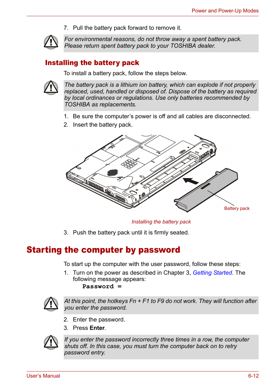 Starting the computer by password, Installing the battery pack, Installing the battery pack -12 | Starting the computer by password -12 | Toshiba Satellite M40 (PSM40) User Manual | Page 125 / 201