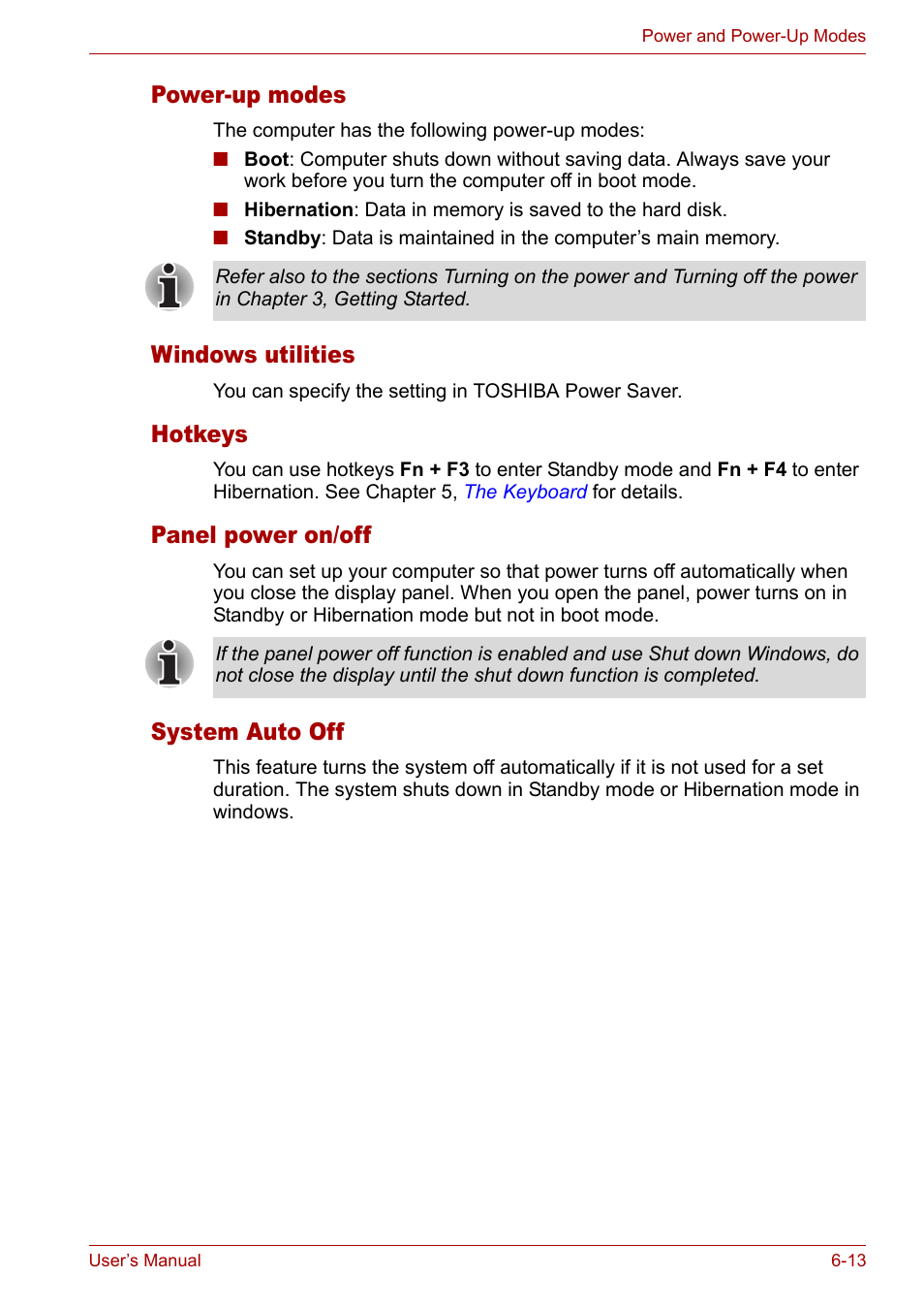 Power-up modes, Windows utilities, Hotkeys | Panel power on/off, System auto off | Toshiba Satellite M40 (PSM40) User Manual | Page 126 / 201