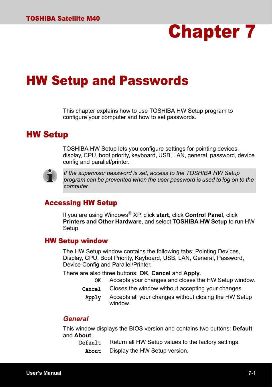 Chapter 7 hw setup and passwords, Hw setup, Accessing hw setup | Hw setup window, Chapter 7, Hw setup and passwords, Hw setup -1, Accessing hw setup -1 hw setup window -1, Hw setup and, Passwords | Toshiba Satellite M40 (PSM40) User Manual | Page 127 / 201