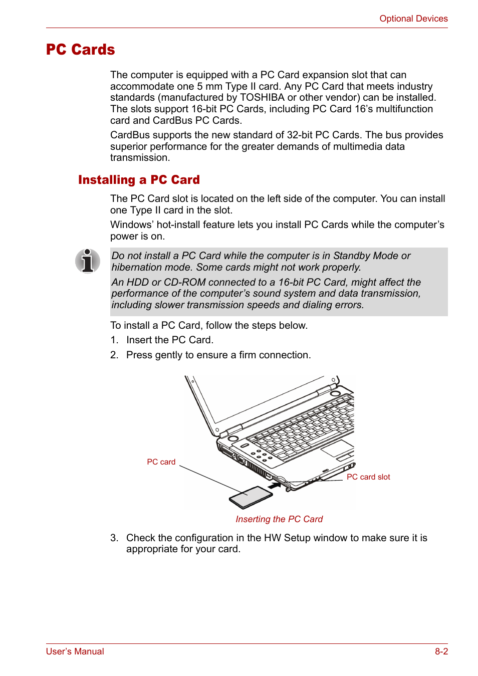 Pc cards, Installing a pc card, Pc cards -2 | Installing a pc card -2 | Toshiba Satellite M40 (PSM40) User Manual | Page 134 / 201