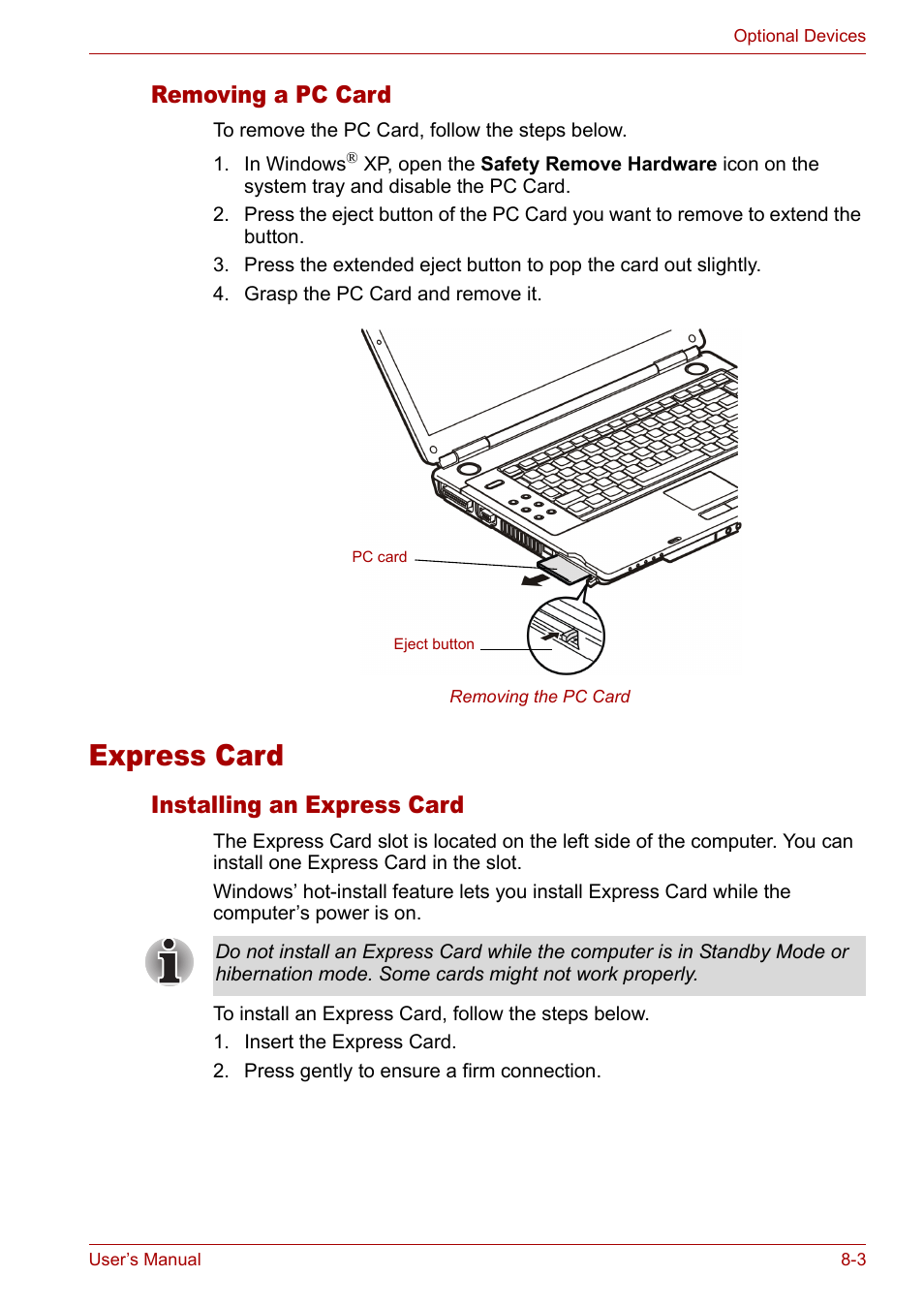 Express card, Installing an express card, Removing a pc card | Removing a pc card -3, Express card -3, Installing an express card -3 | Toshiba Satellite M40 (PSM40) User Manual | Page 135 / 201