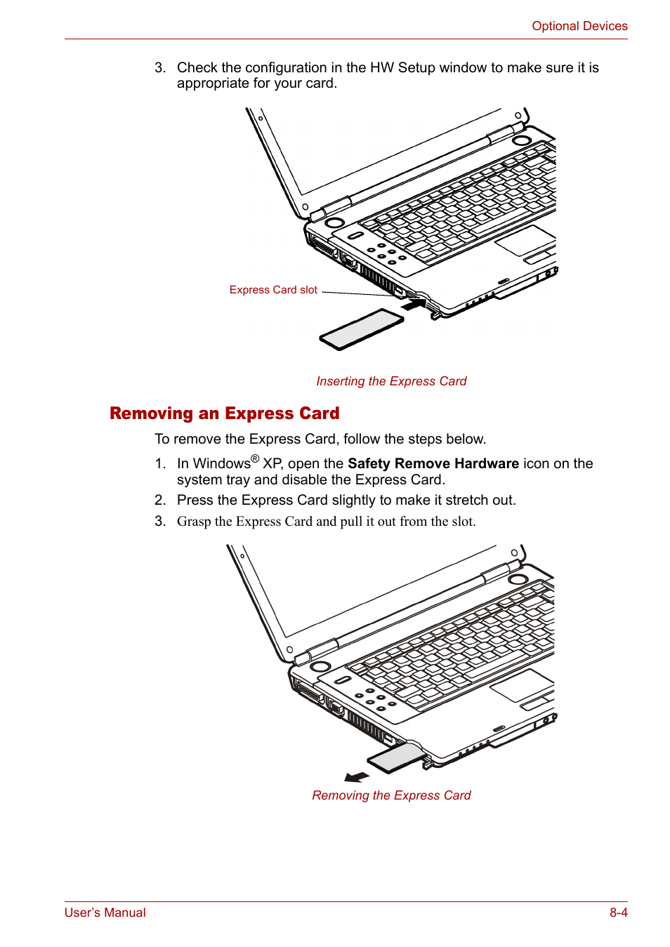 Removing an express card, Removing an express card -4 | Toshiba Satellite M40 (PSM40) User Manual | Page 136 / 201