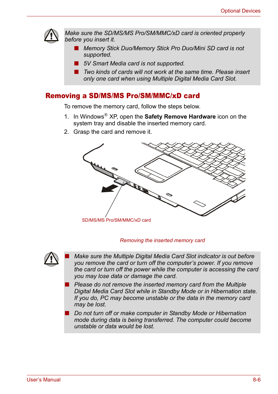 Removing a sd/ms/ms pro/sm/mmc/xd card, Removing a sd/ms/ms pro/sm/mmc/xd card -6 | Toshiba Satellite M40 (PSM40) User Manual | Page 138 / 201