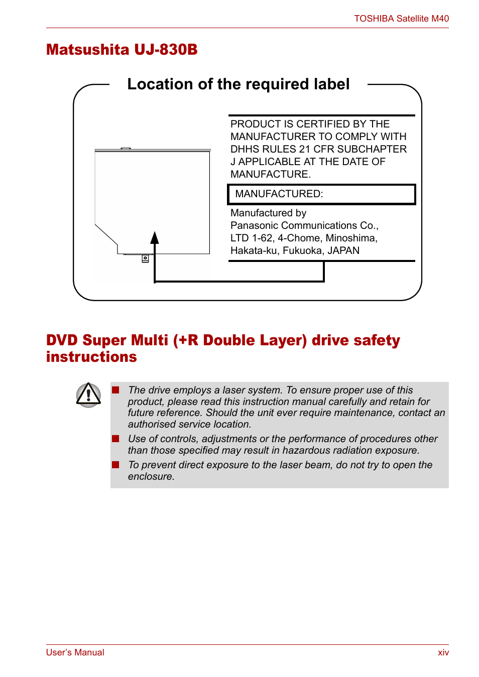 Matsushita uj-830b, Location of the required label | Toshiba Satellite M40 (PSM40) User Manual | Page 14 / 201