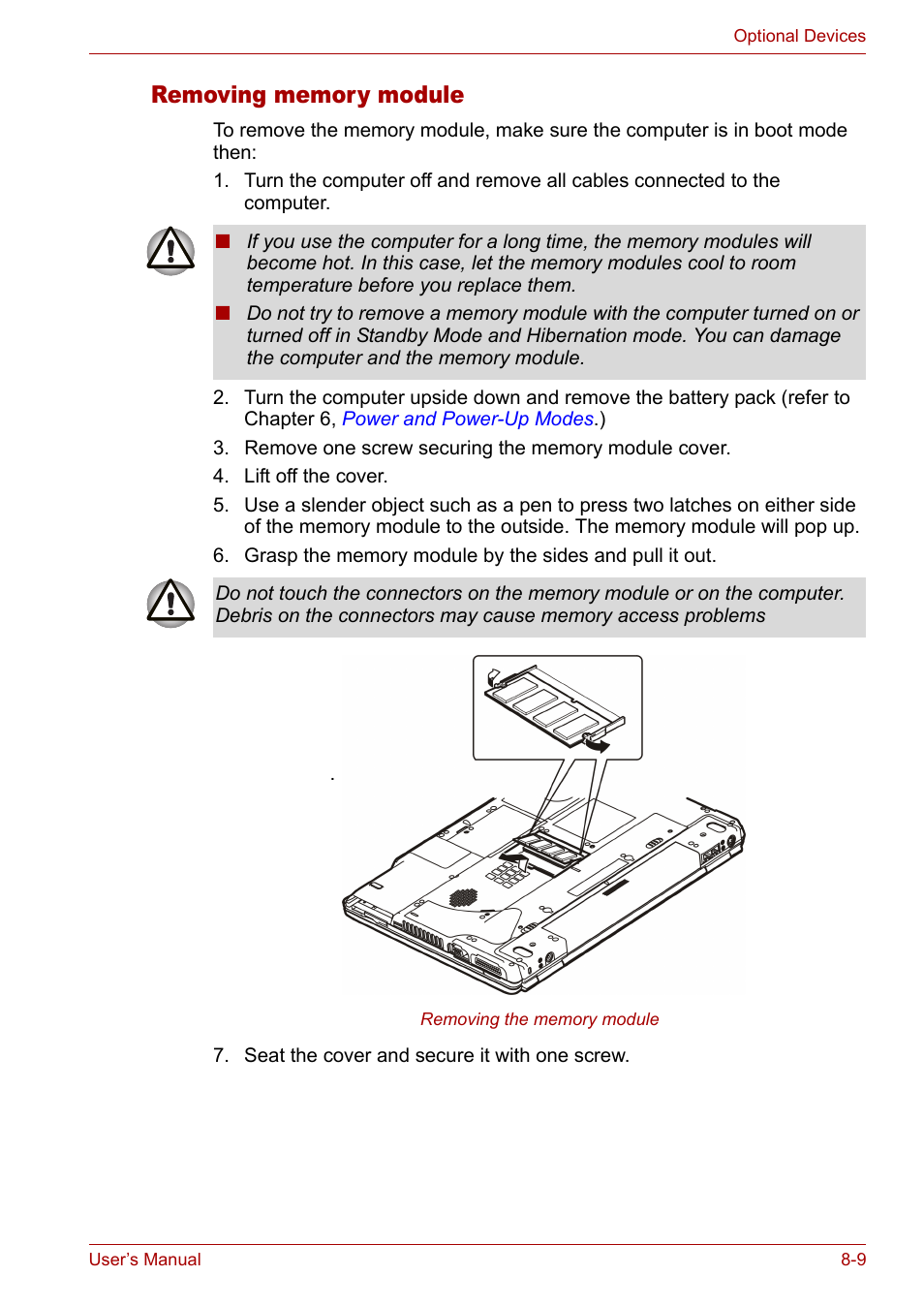 Removing memory module, Removing memory module -9 | Toshiba Satellite M40 (PSM40) User Manual | Page 141 / 201