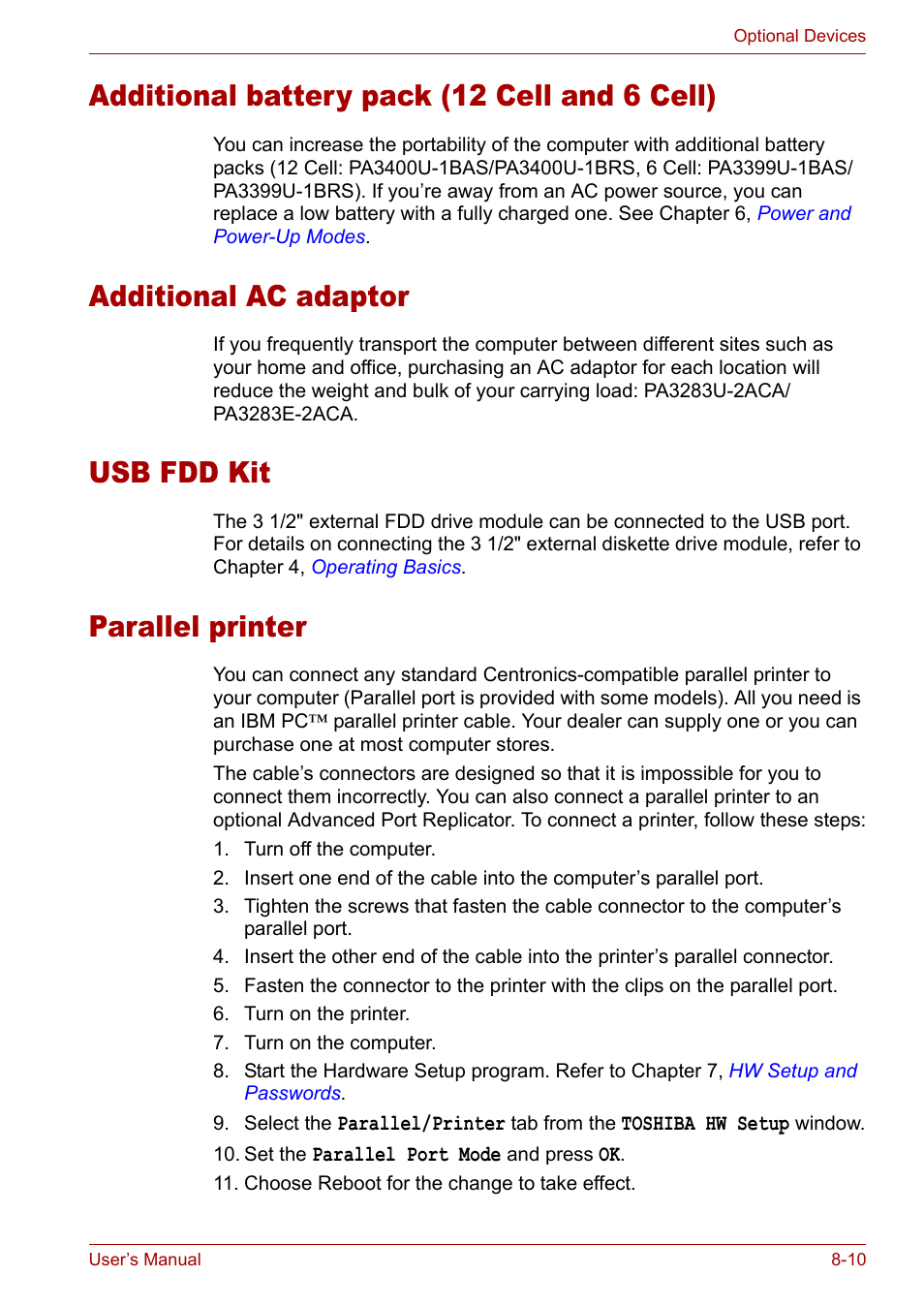 Parallel printer, Usb fdd kit, Additional ac adaptor | Additional battery pack (12 cell and 6 cell) | Toshiba Satellite M40 (PSM40) User Manual | Page 142 / 201