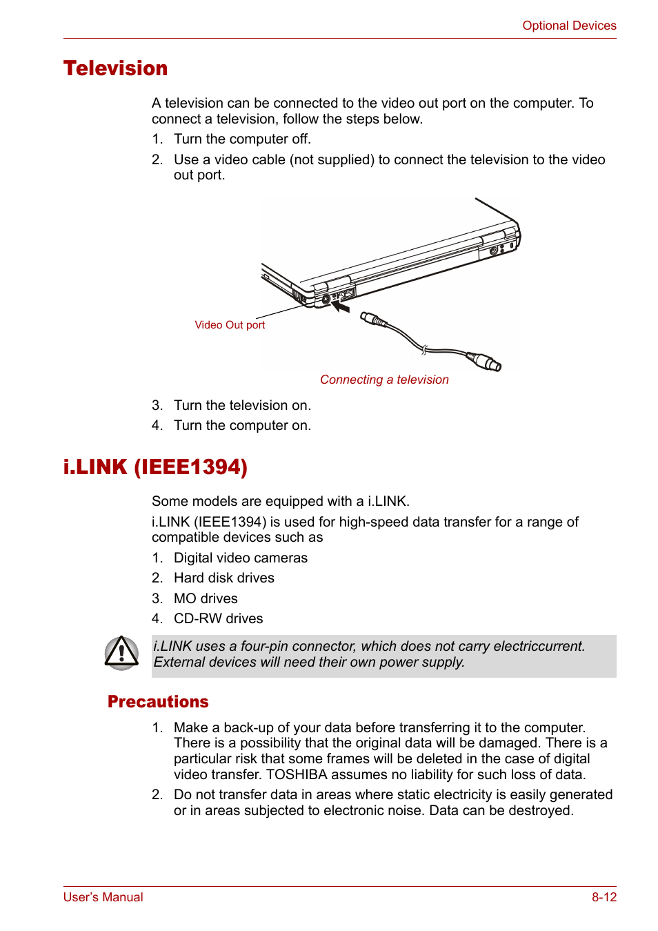 I.link (ieee1394), Precautions, Television | Television -12, I.link (ieee1394) -12, Precautions -12 | Toshiba Satellite M40 (PSM40) User Manual | Page 144 / 201