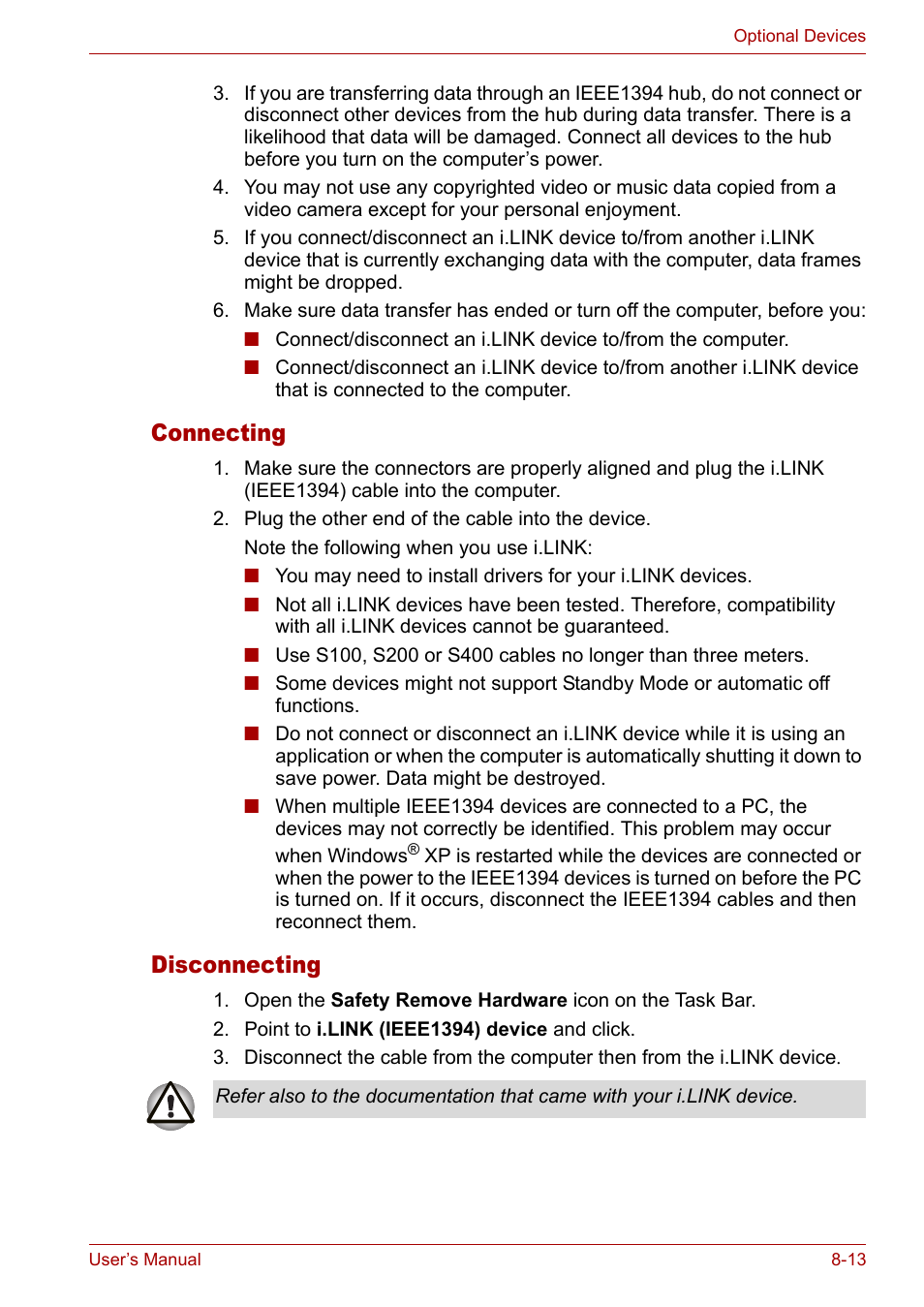 Connecting, Disconnecting, Connecting -13 disconnecting -13 | Toshiba Satellite M40 (PSM40) User Manual | Page 145 / 201